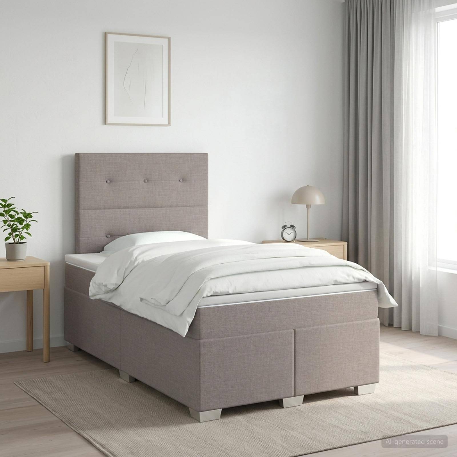 Minimales Schlafzimmer mit einem grau gepolsterten Bett, weißer Bettwäsche, Nachttisch, Lampe, Pflanze und einem hellen Fenster mit Vorhängen.