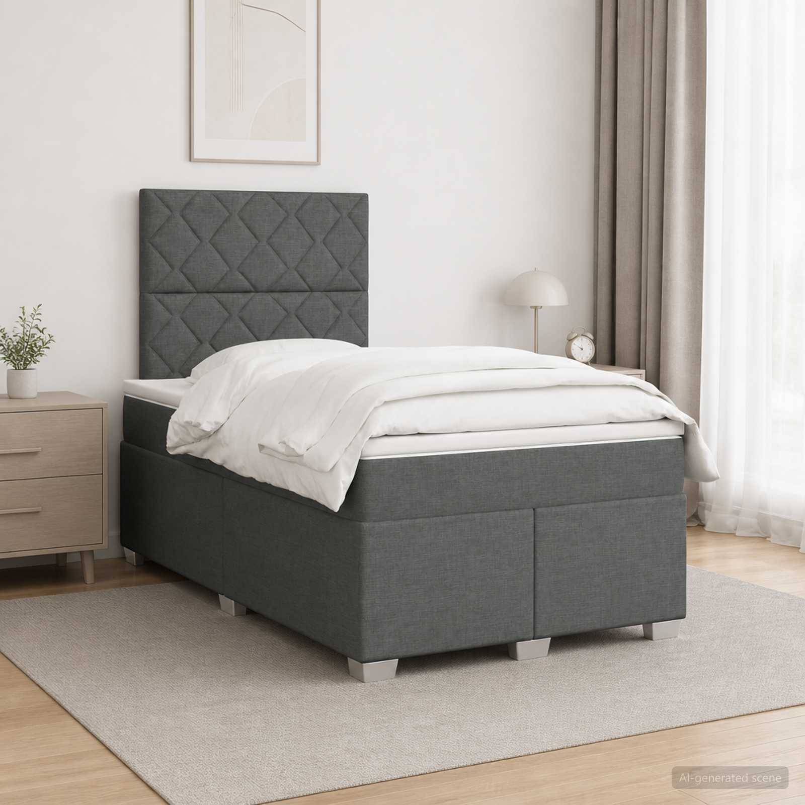Modernes grau gepolstertes Einzelbett mit gestepptem Kopfteil in einem hellen Schlafzimmer, bezogen mit weißer Bettwäsche auf einem hellen Teppich neben einem Nachttisch.