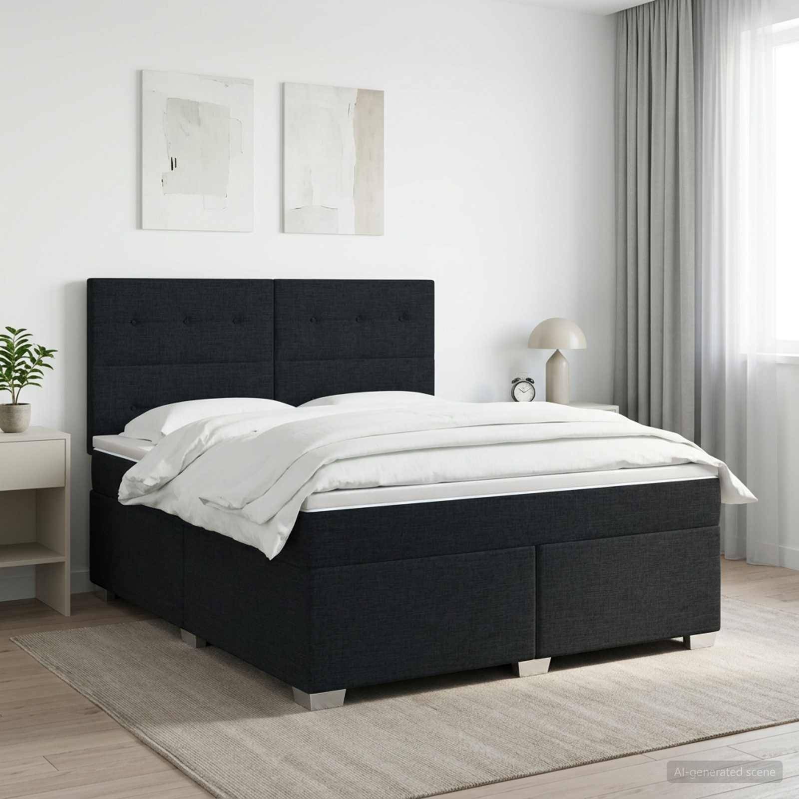 Modernes Schlafzimmer mit einem schwarz gepolsterten Bett, das mit weißer Bettwäsche bezogen ist, neben einem kleinen Nachttisch, einer Lampe und transparenten Vorhängen bei einem hellen Fenster.