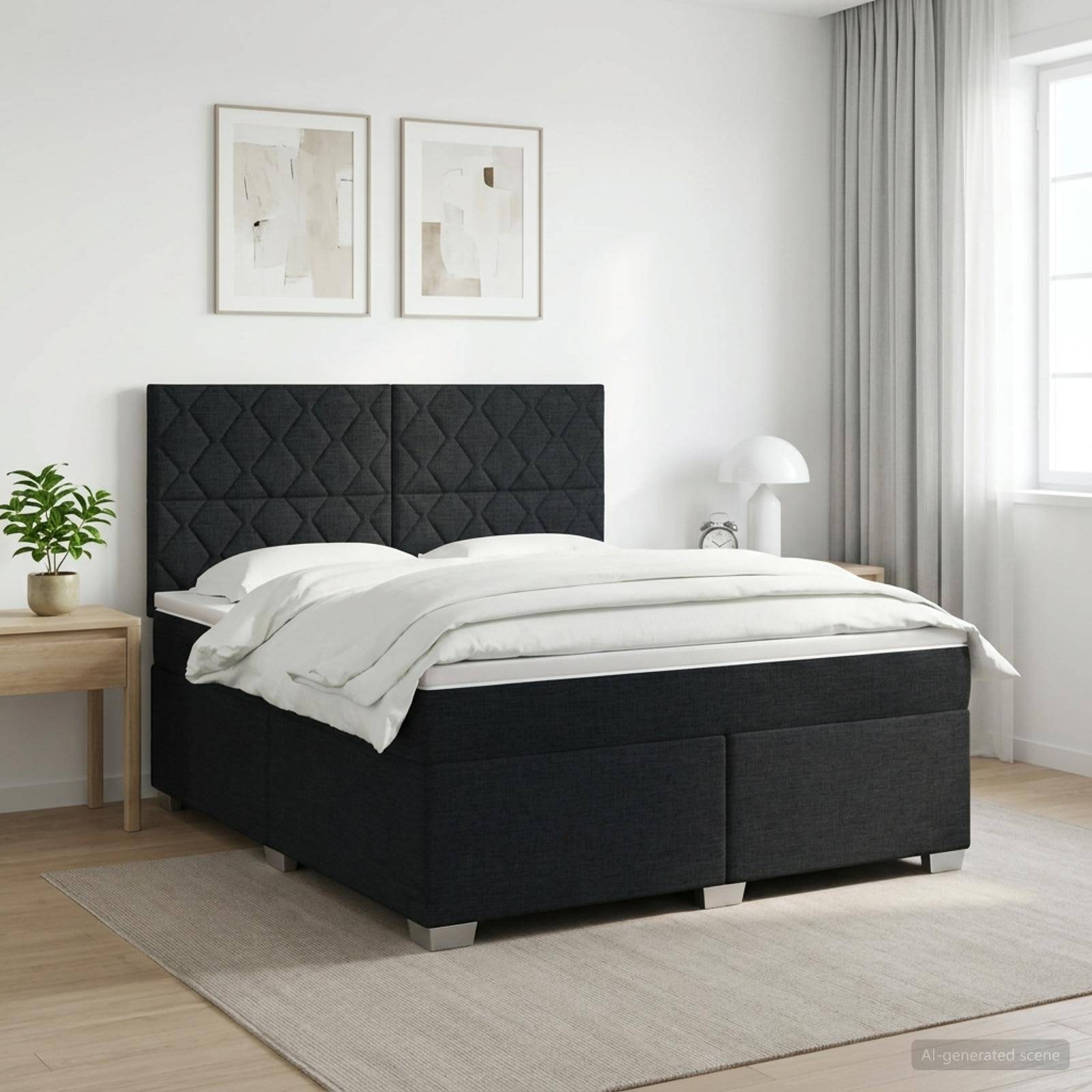 Ein modernes Schlafzimmer mit einem schwarzen gepolsterten Bett, weißer Bettwäsche, Nachttisch, Lampe, Pflanze und gerahmter Wandkunst neben einem hellen Fenster.