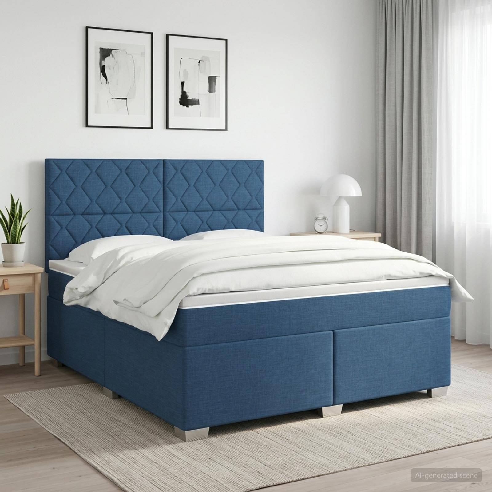 Blaues Polsterbett mit gestepptem Kopfteil und weißer Bettwäsche in einem hellen minimalistischen Schlafzimmer.