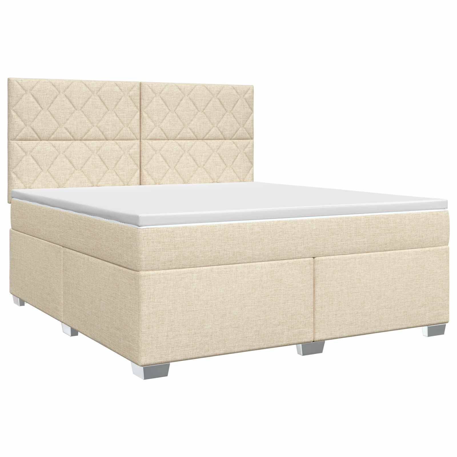 Beige gepolstertes Bettgestell mit gepolstertem Kopfteil und Matratze auf weißem Hintergrund.