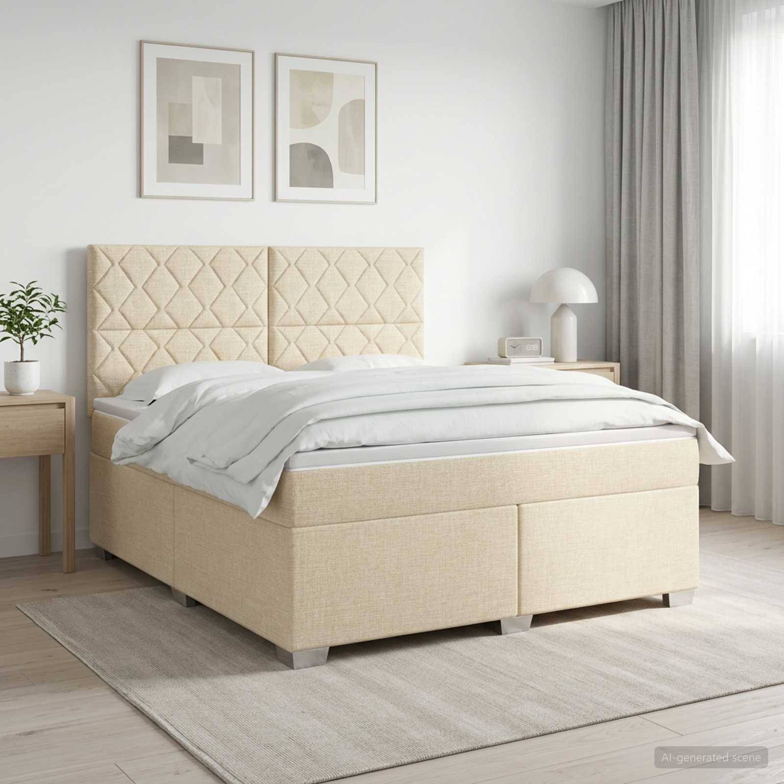 Ein ordentlich gemachtes beiges, gepolstertes Bett mit gestepptem Kopfteil in einem hellen, minimalistischen Schlafzimmer, mit gerahmten Wandkunstwerken, Nachttischen, Vorhängen und einem Teppich.