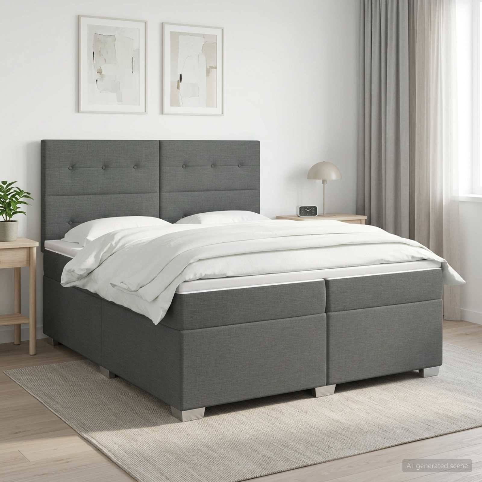 Modernes grau gepolstertes Bett mit gestepptem Kopfteil, weiße Bettwäsche und helle minimalistische Schlafzimmerdeko.