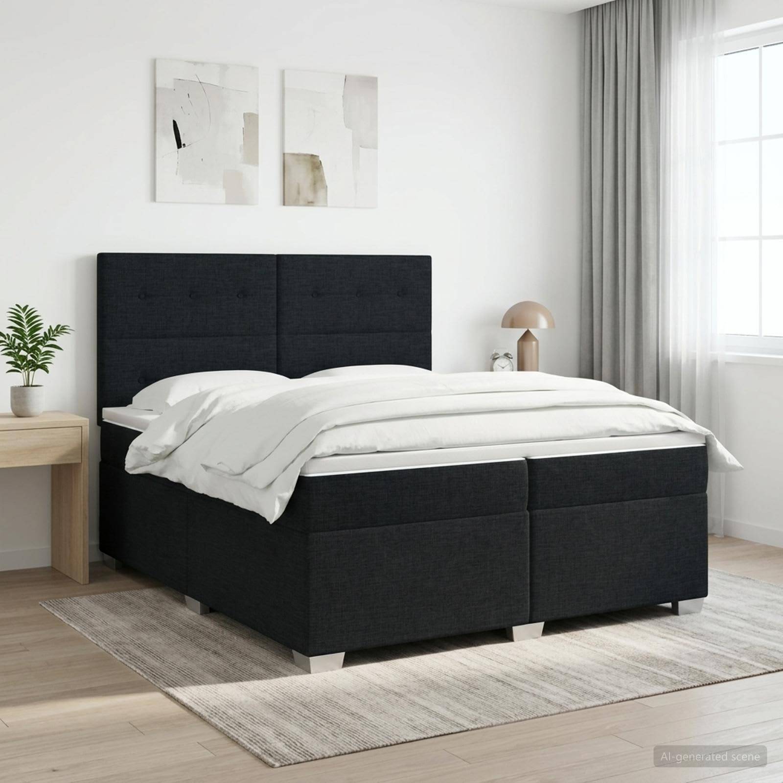 Modernes Schlafzimmer mit dunklem Polsterbett, weißer Bettwäsche, Nachttischen, Wandkunst und einem Fenster mit Vorhängen in einem hellen minimalistischen Raum.