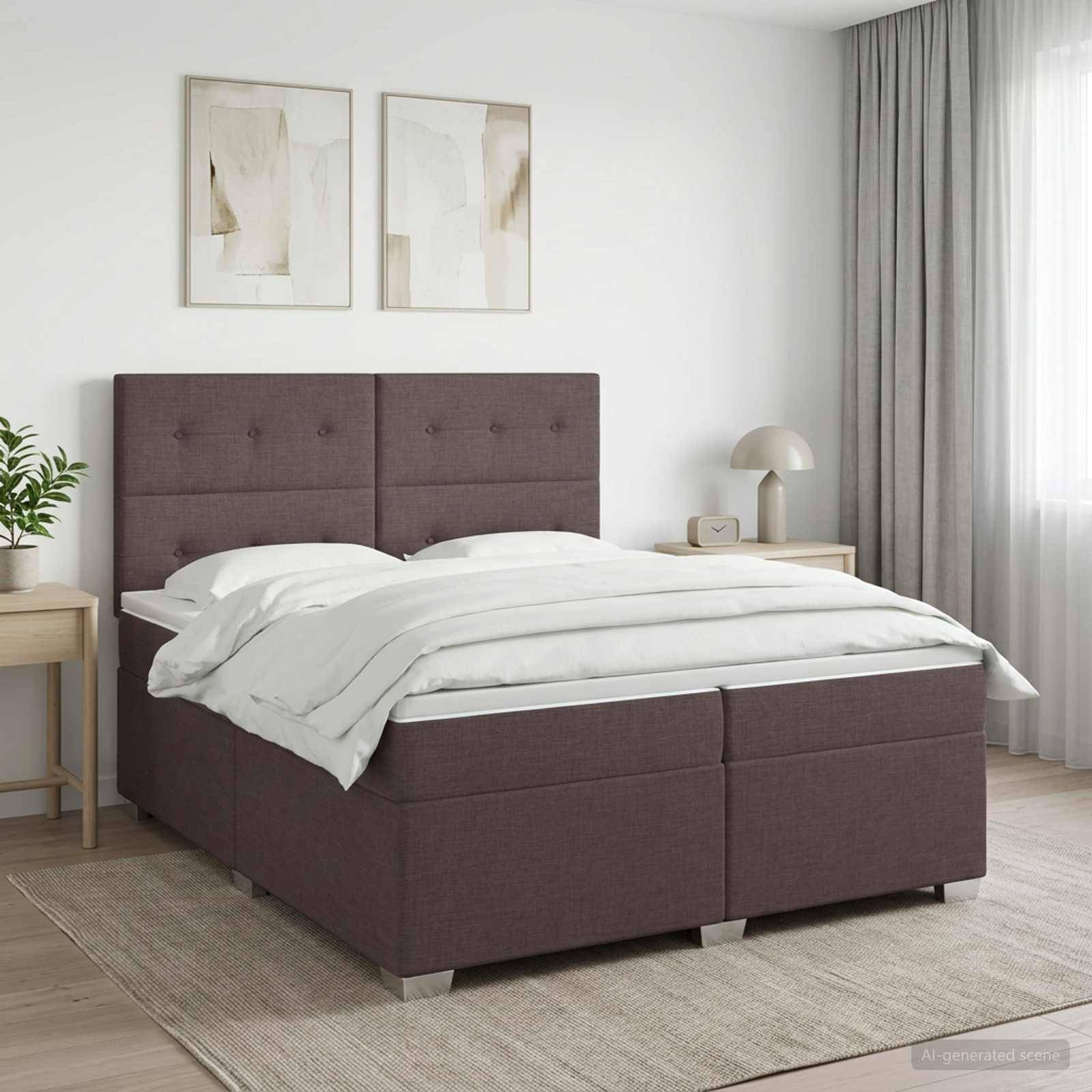 Modernes Schlafzimmer mit einem braun gepolsterten Bett, weißer Bettwäsche, zwei gerahmten Wanddrucken, Nachttischen, Lampe, Pflanze und leichten Vorhängen.