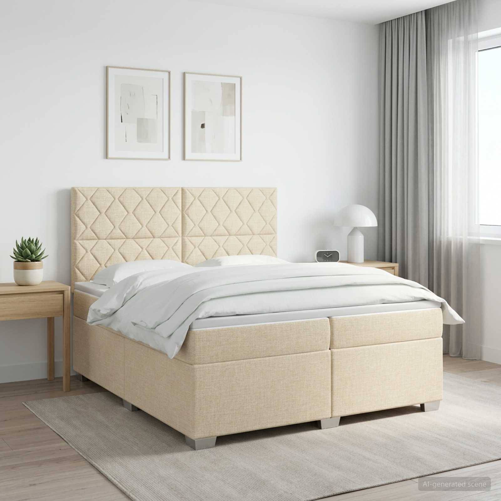 Modernes Bett mit beigem Polsterbezug in einem hellen minimalistischen Schlafzimmer mit Nachttischen, gerahmten Wandbildern, Vorhängen und einem Fenster.