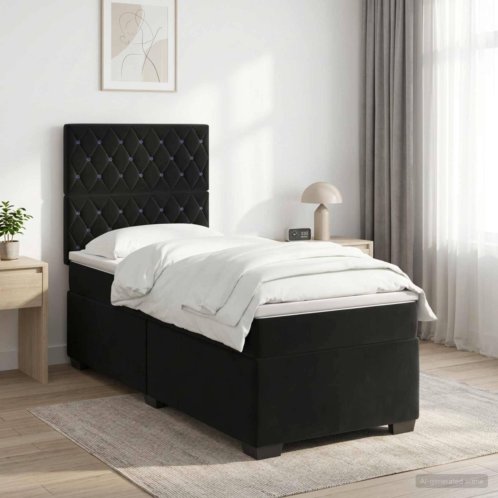 Modernes Schlafzimmer mit einem schwarzen gesteppten Einzelbett, das mit weißer Bettwäsche bezogen ist, daneben ein kleines Nachttischchen, eine Lampe, eine Pflanze und ein Fenster mit durchsichtigen Vorhängen.