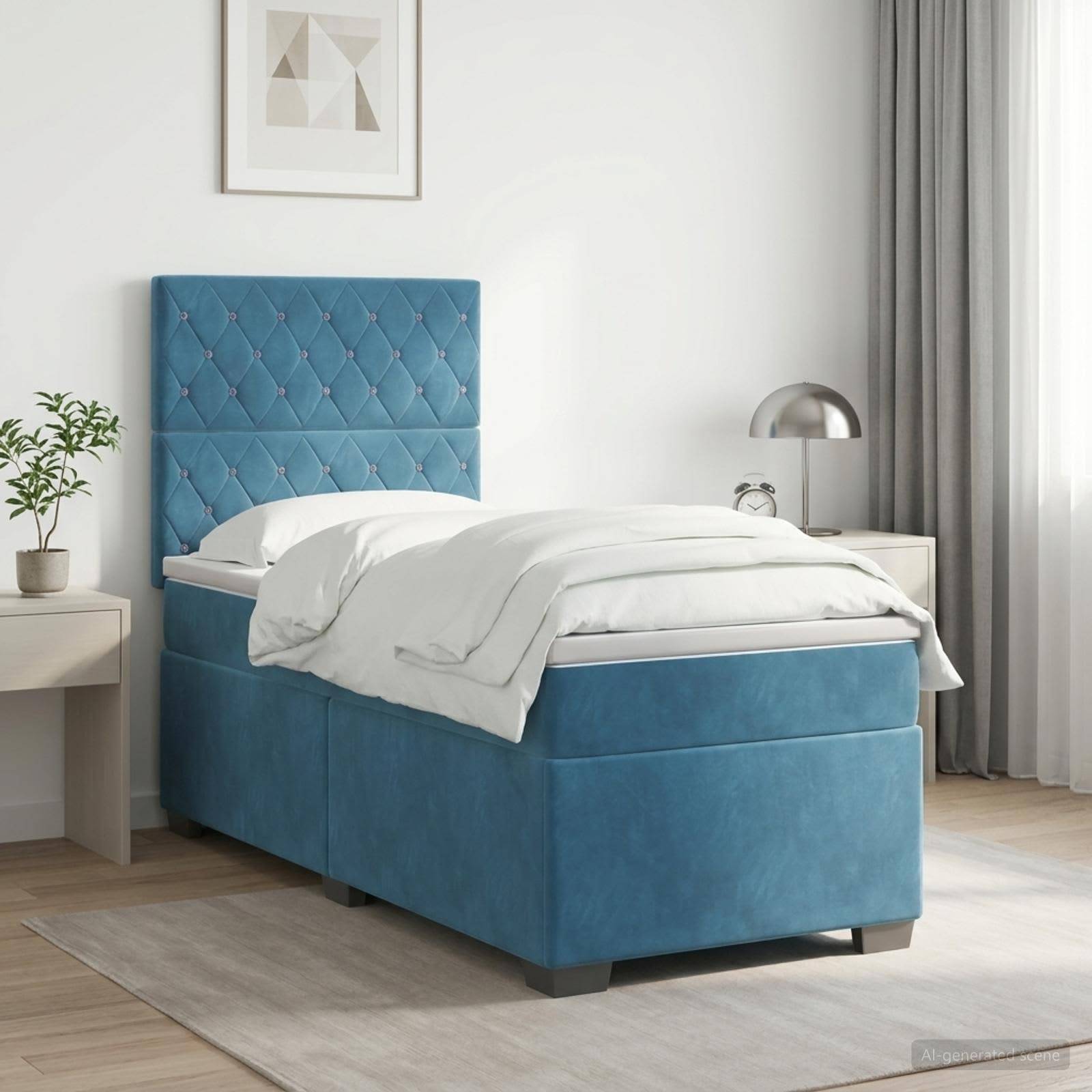 Blaues gepolstertes Einzelbett mit gestepptem Kopfteil in einem hellen modernen Schlafzimmer, ausgestattet mit weißer Bettwäsche, Nachttisch, Lampe und Wandkunst.