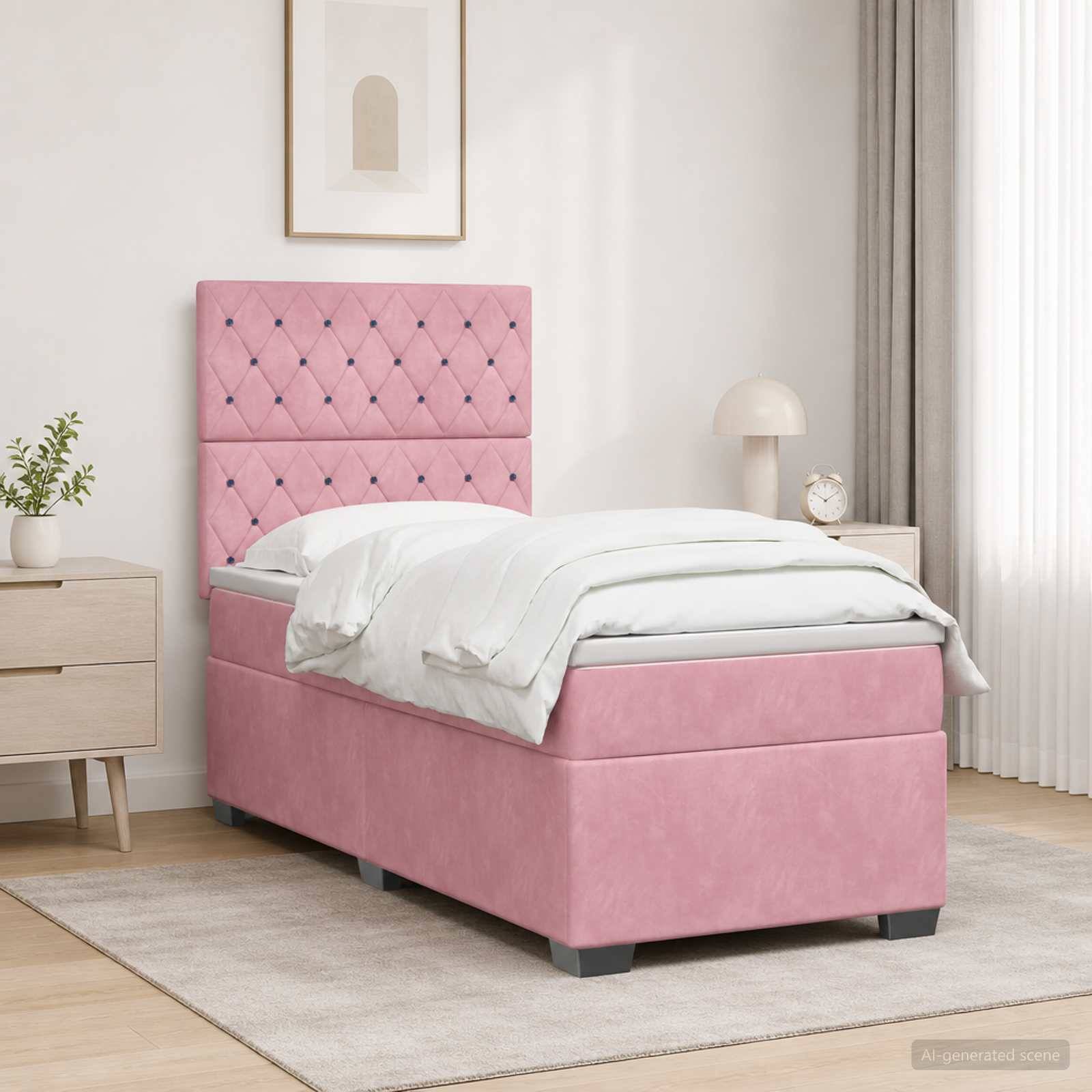 Rosa gepolstertes Einzelbett mit gestepptem Kopfteil, weiße Bettwäsche und passende Schlafzimmermöbel in einem hellen modernen Zimmer.