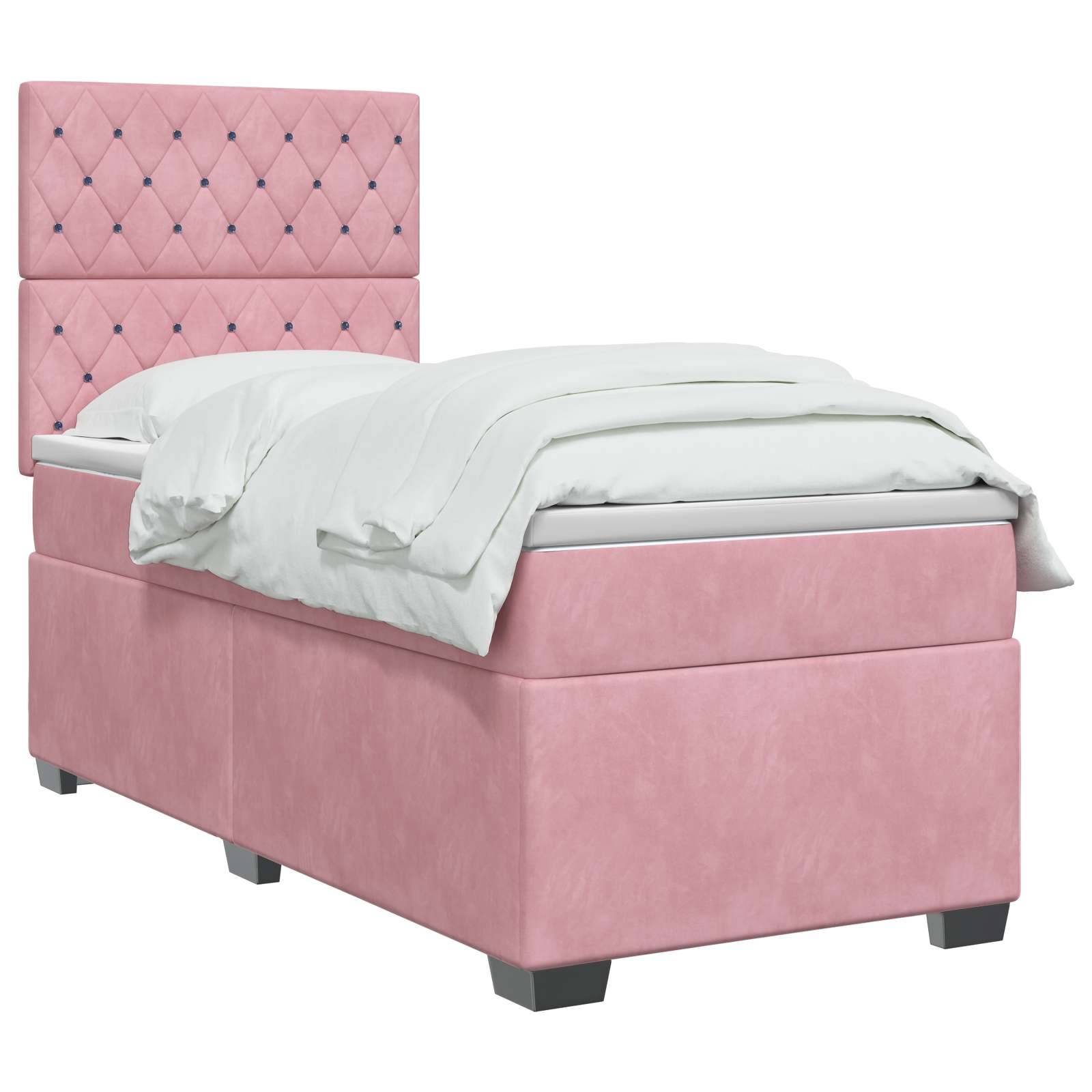 Rosa gepolstertes Einzelbett mit gestepptem Kopfteil und weißer Bettwäsche auf neutralem Hintergrund.