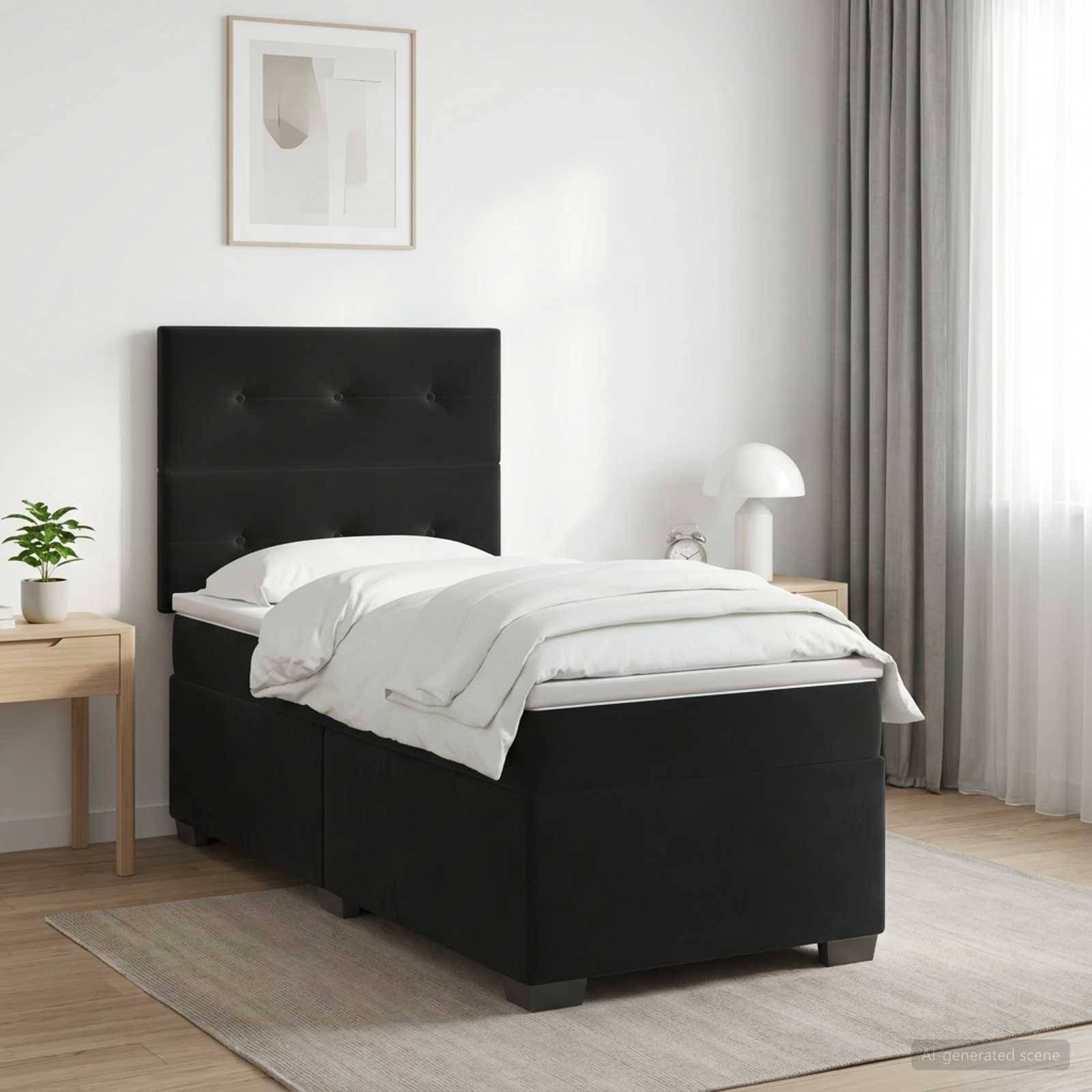 Minimalistisches Schlafzimmer mit einem schwarzen Einzelbett, weißer Bettwäsche, zwei Nachttischen, gerahmten Wandbildern und transparenten Vorhängen in einem hellen, aufgeräumten Zimmer.