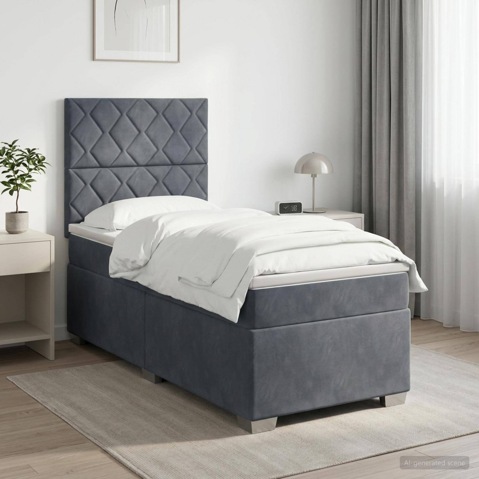 Modernes grau gepolstertes Einzelbett mit rautengemustertem Kopfteil in einem hellen, minimalistischen Schlafzimmer, ausgestattet mit weißer Bettwäsche neben einem Nachttisch und einer Lampe.