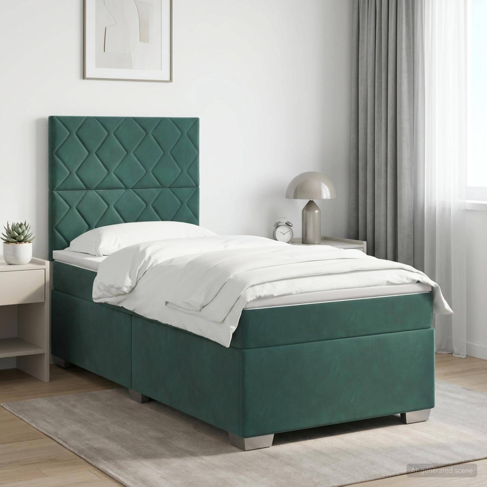 Ein modernes grünes Polsterbett mit gestepptem Kopfteil, weiße Bettwäsche, Nachttisch, Lampe und Vorhänge in einem hellen minimalistischen Schlafzimmer.