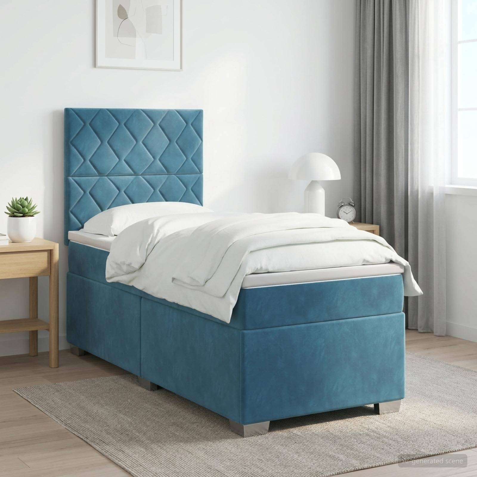 Blau gepolstertes Einzelbett mit weißer Bettwäsche in einem hellen, minimalistischen Schlafzimmer, flankiert von kleinen Holznachttischen und einem Fenster.