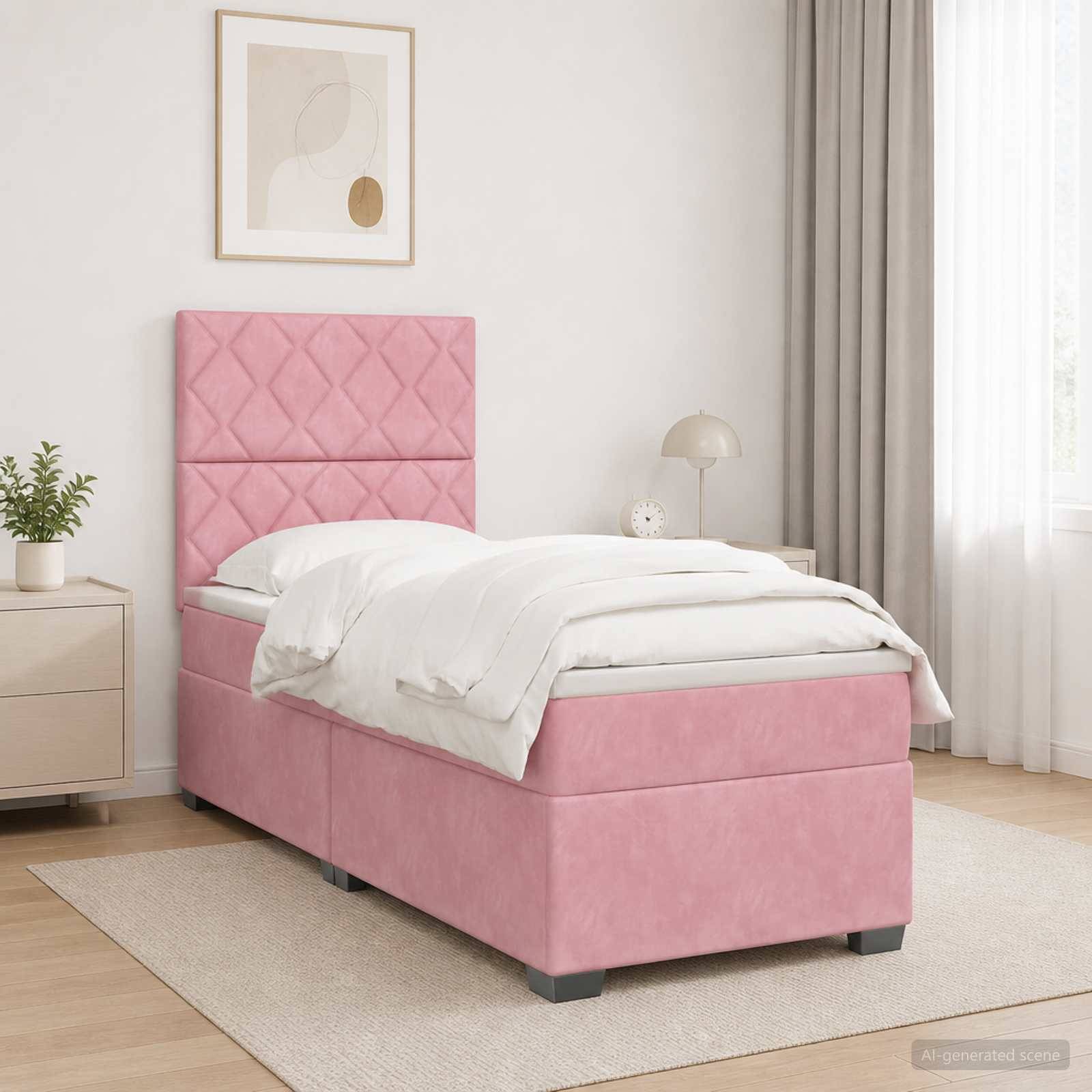 Rosa gepolstertes Einzelbett mit gestepptem Kopfteil, weißer Bettwäsche und Nachttisch in einem hellen, minimalistischen Schlafzimmer.