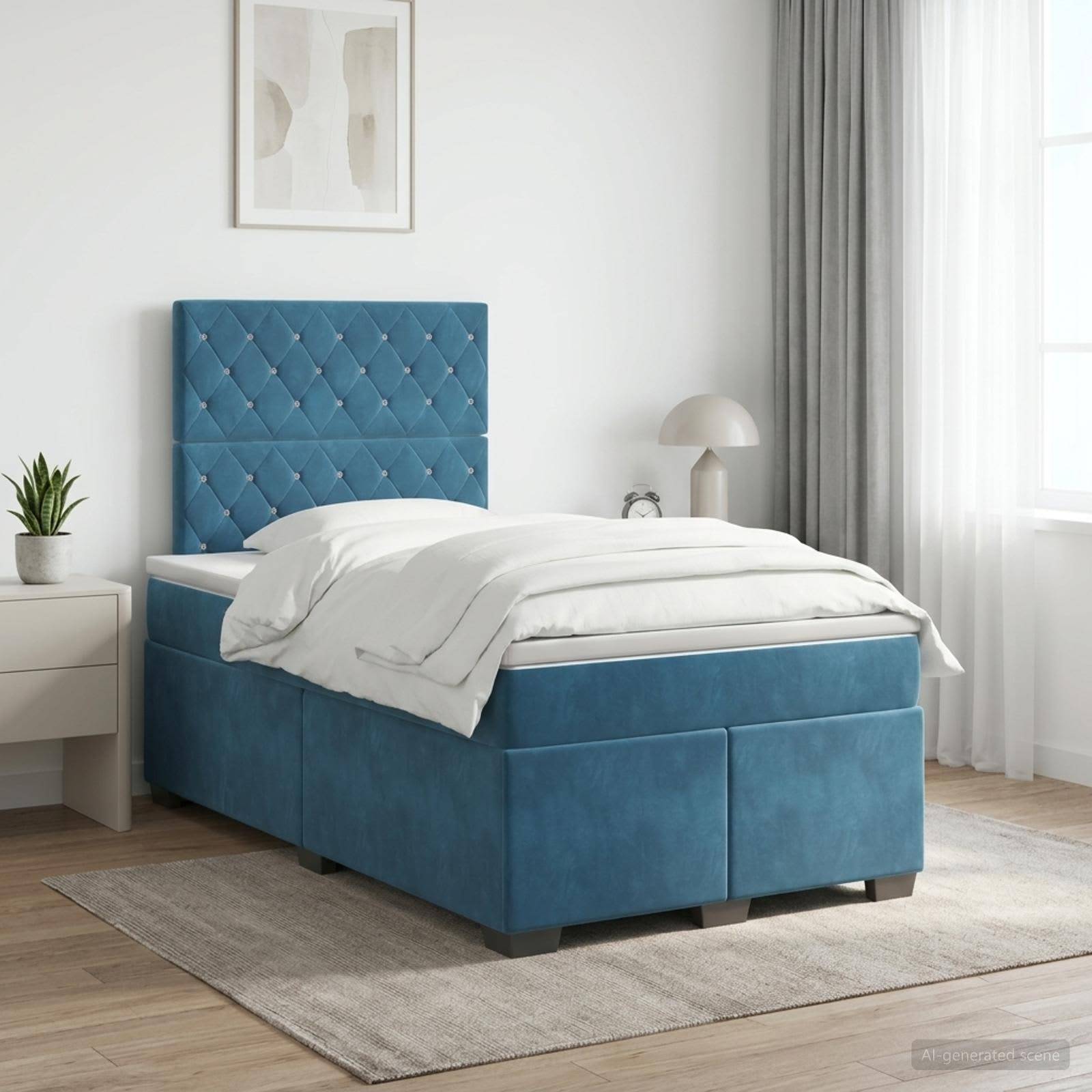 Modernes Schlafzimmer mit einem blaugepolsterten Einzelbett, weißer Bettwäsche, Nachttisch, Lampe, Pflanze und hellem Fenster mit Vorhängen.
