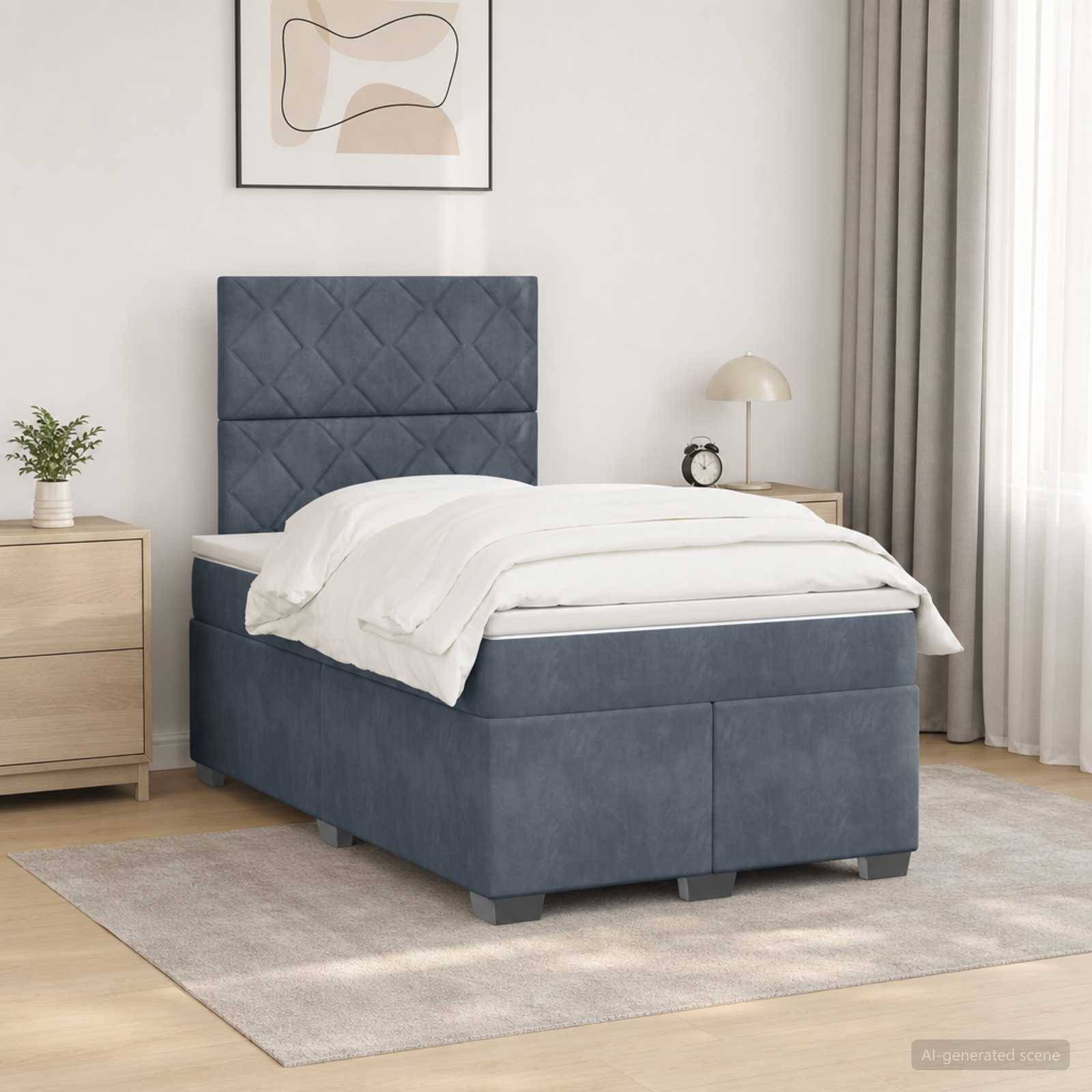 Modernes Schlafzimmer mit einem blaugepolsterten Speicherbett, weißer Bettwäsche, Nachttisch, Lampe, gerahmter Kunst und leichten Vorhängen.