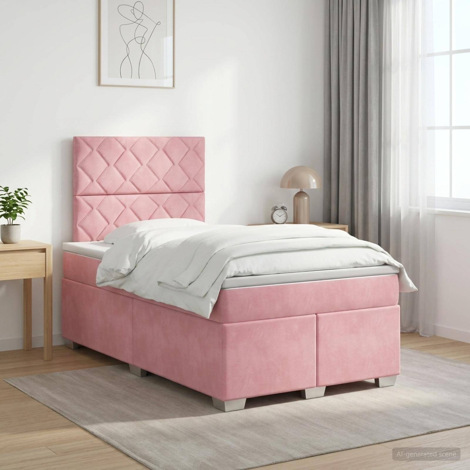 Rosa gepolstertes Bett mit gestepptem Kopfteil in einem hellen, minimalistischen Schlafzimmer, dargestellt mit weißer Bettwäsche, Nachttischen, Lampe und Fenstervorhängen.