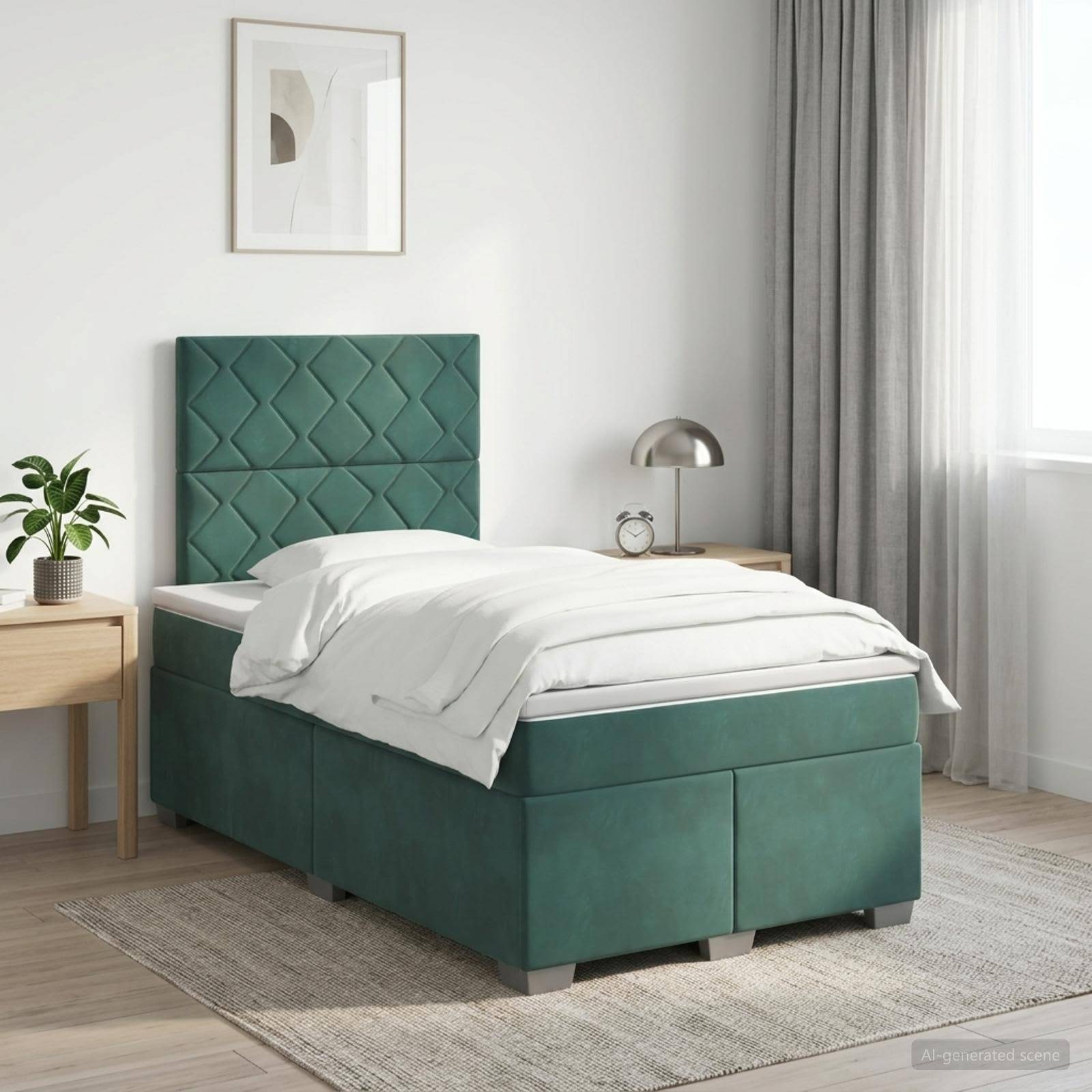 Modernes Schlafzimmer mit einem grün gepolsterten Bett, weißer Bettwäsche, Nachttischen, Lampe, Pflanze, gerahmter Kunst und Fenster mit Vorhängen in einem hellen Zimmer.