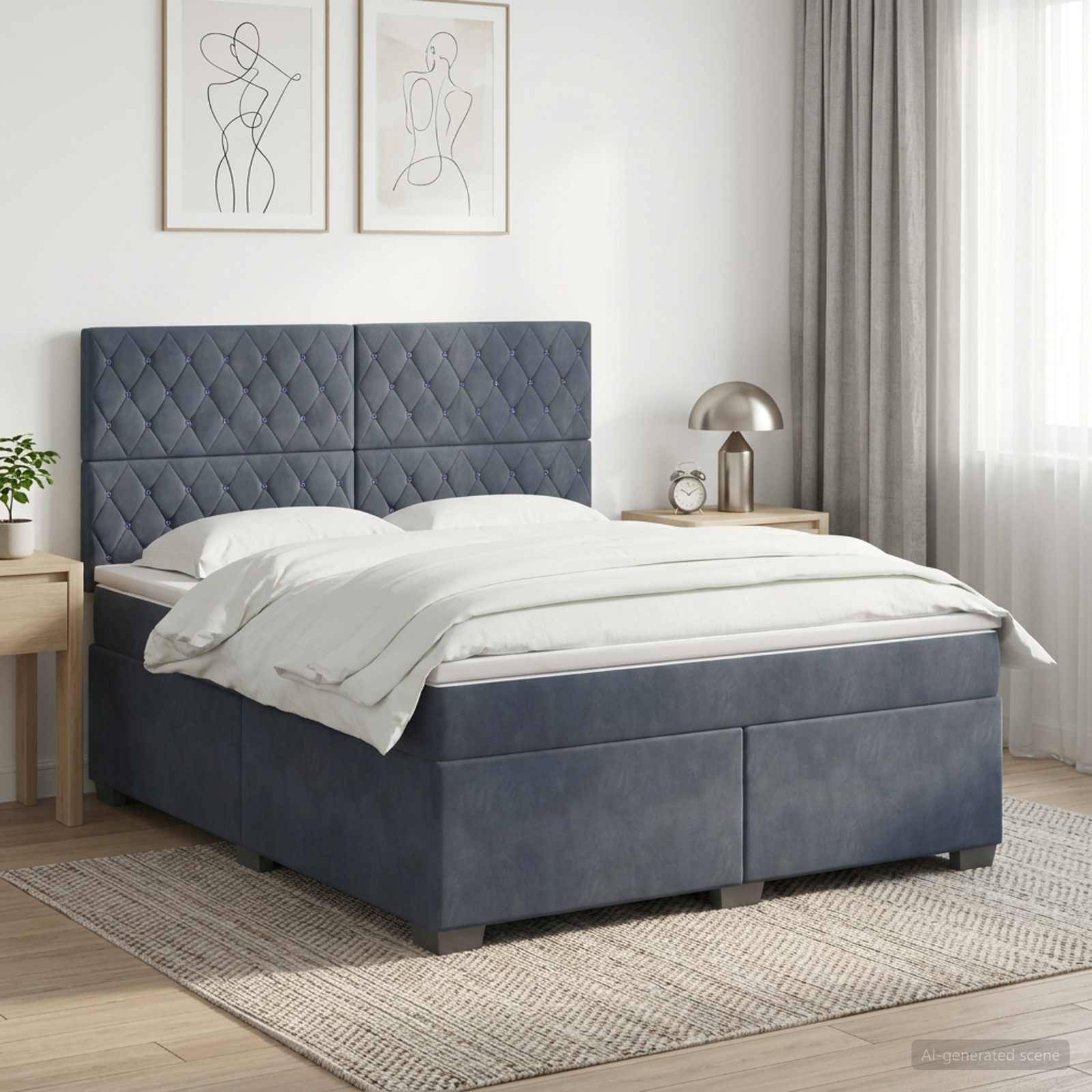Ein modernes Polsterbett mit gestepptem blaugrauem Kopfteil, weißer Bettwäsche und Nachttischen in einem hellen, minimalistischen Schlafzimmer.