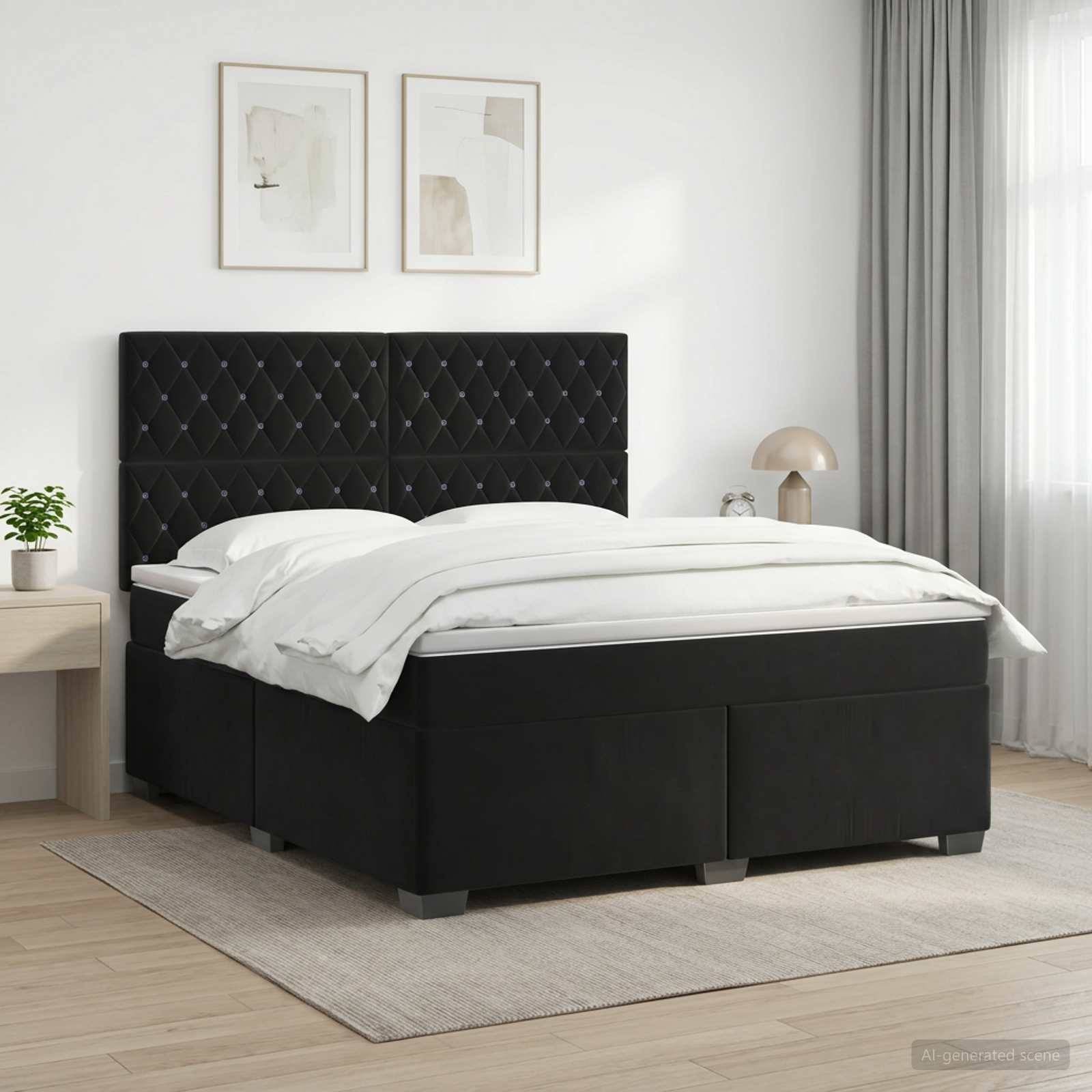Modernes Schlafzimmer mit einem schwarzen gesteppten Polsterbett, weißer Bettwäsche, Nachttisch, gerahmten Wandbildern und bodenlangen Vorhängen.