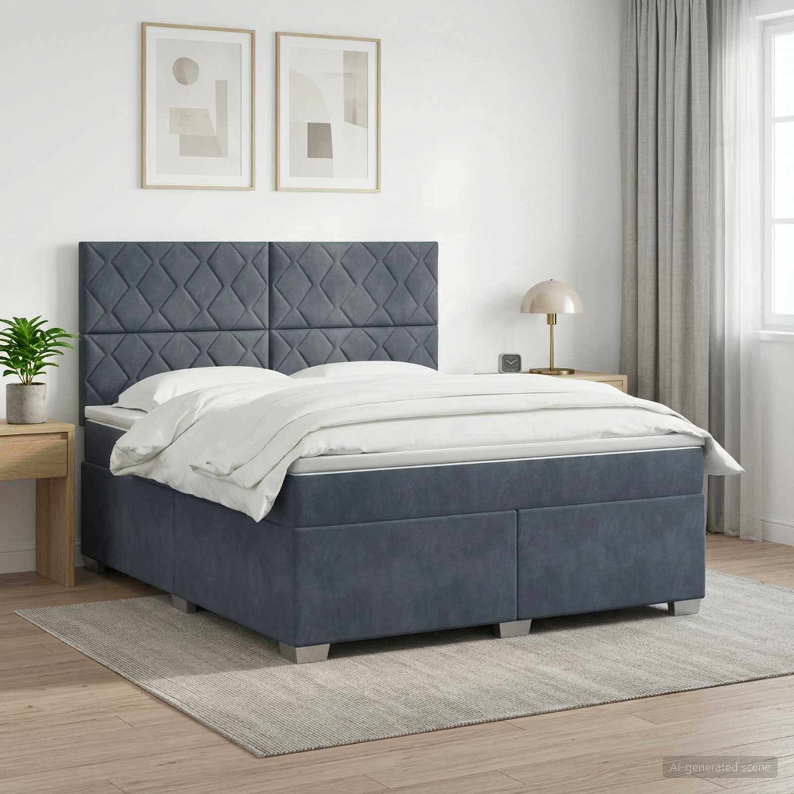 Modernes Schlafzimmer mit einem grau gepolsterten Bett, weißer Bettwäsche, Nachttischen, Lampe, Pflanze, gerahmter Wandkunst und Fenstervorhängen.