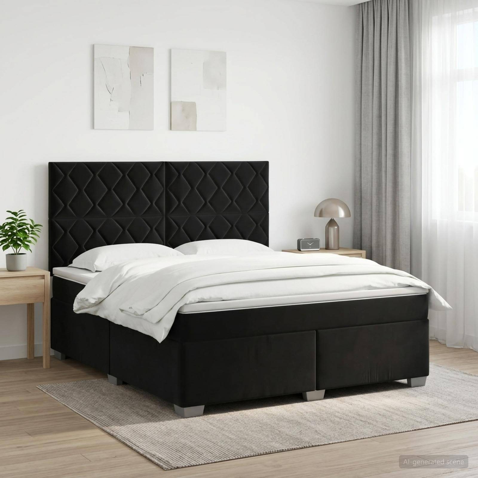 Modernes Schlafzimmer mit einem schwarz gepolsterten Bett, weißer Bettwäsche, Nachttischen, Wandkunst und großem Fenster mit Vorhängen in einem hellen, minimalistischen Raum.