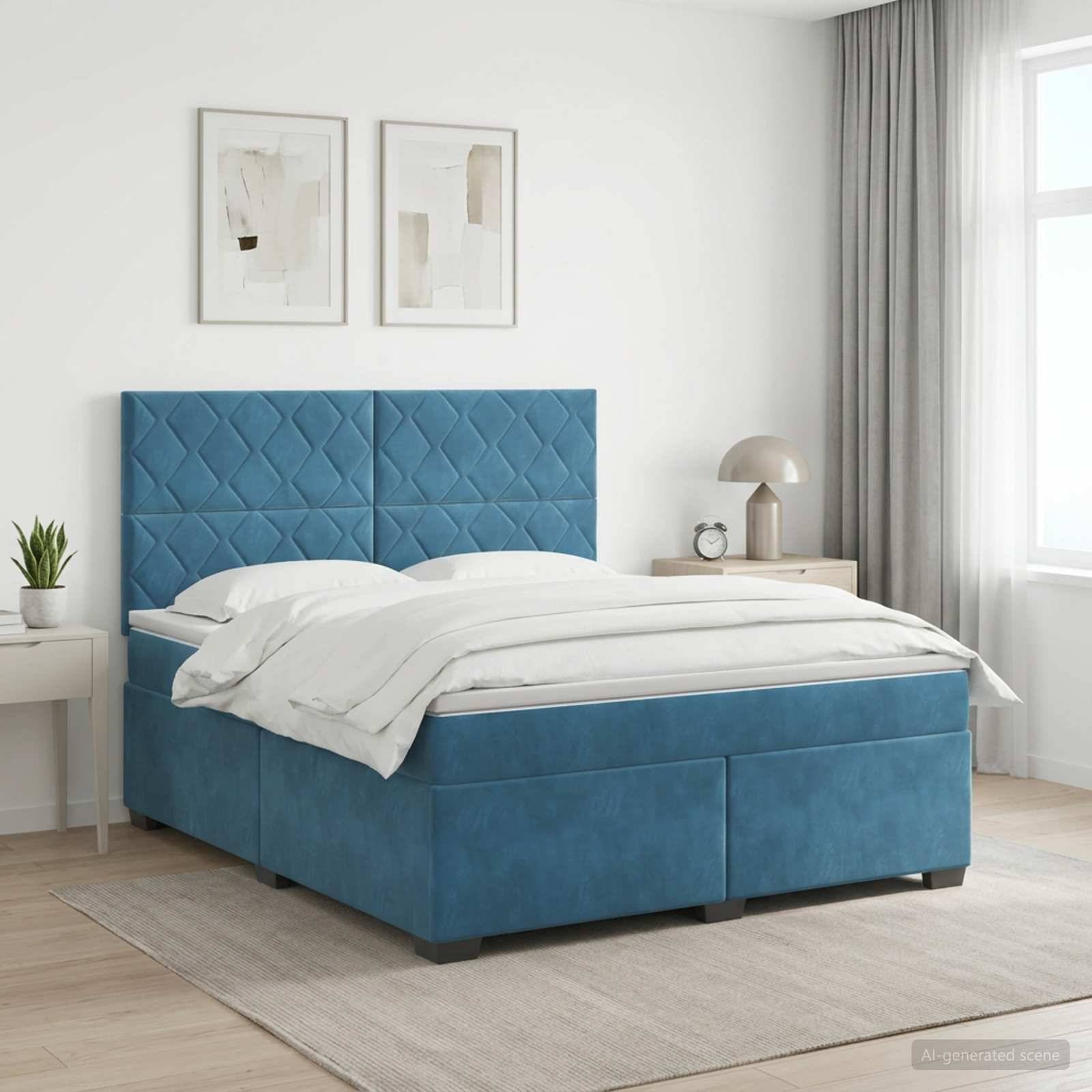 Helles modernes Schlafzimmer mit einem blau gepolsterten Bett, weißer Bettwäsche, Nachttischen, gerahmten Wandbildern und großen Fenstervorhängen.