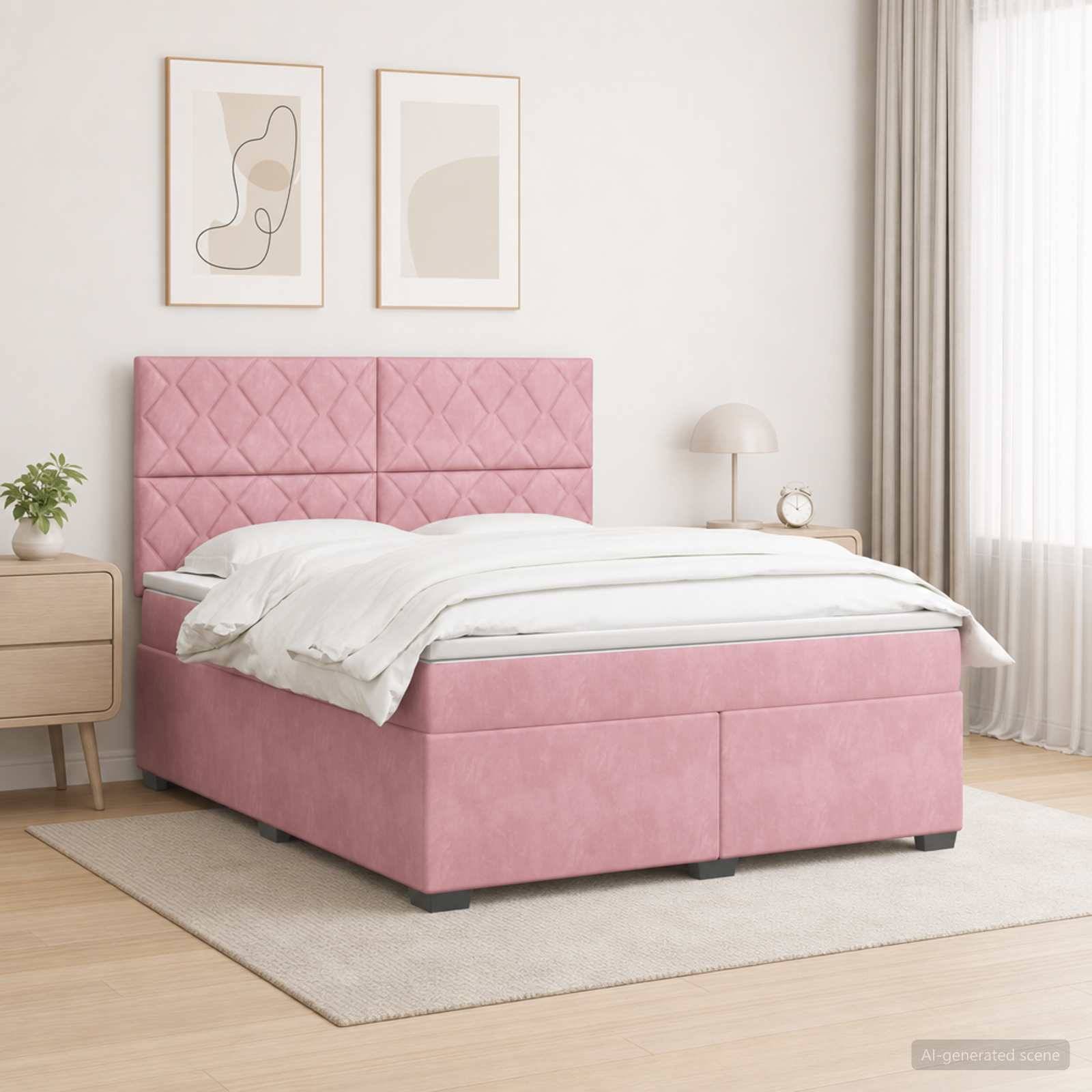 Rosa gepolstertes Bett mit gestepptem Kopfteil und passendem Unterbau in einem hellen, modernen Schlafzimmer, mit weißer Bettwäsche und minimalistischer Einrichtung.