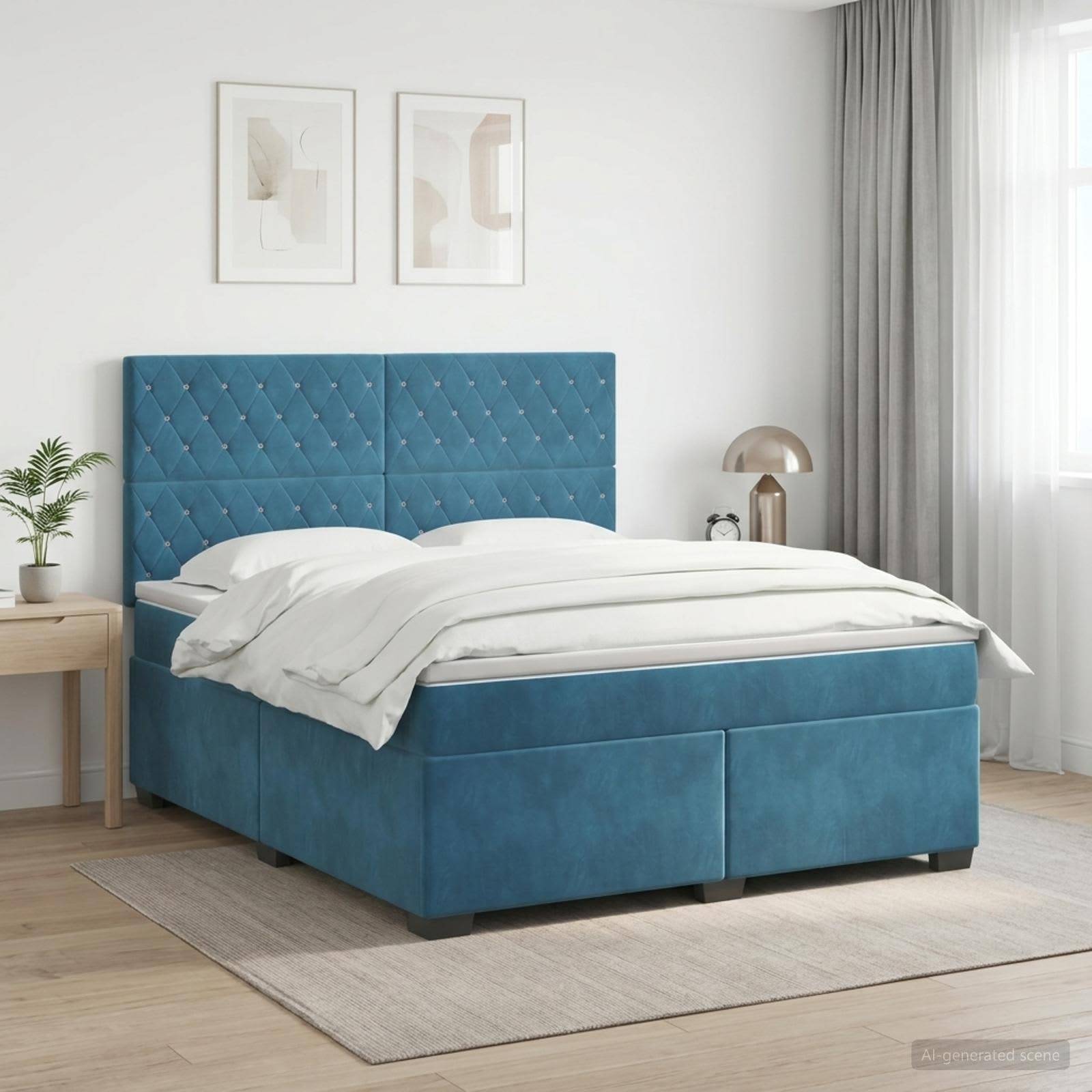 Bett mit blauem Polsterstoff und weißer Bettwäsche in einem hellen, minimalistischen Schlafzimmer neben einem Nachttisch, einer Lampe, einer Pflanze und Fenstergardinen.