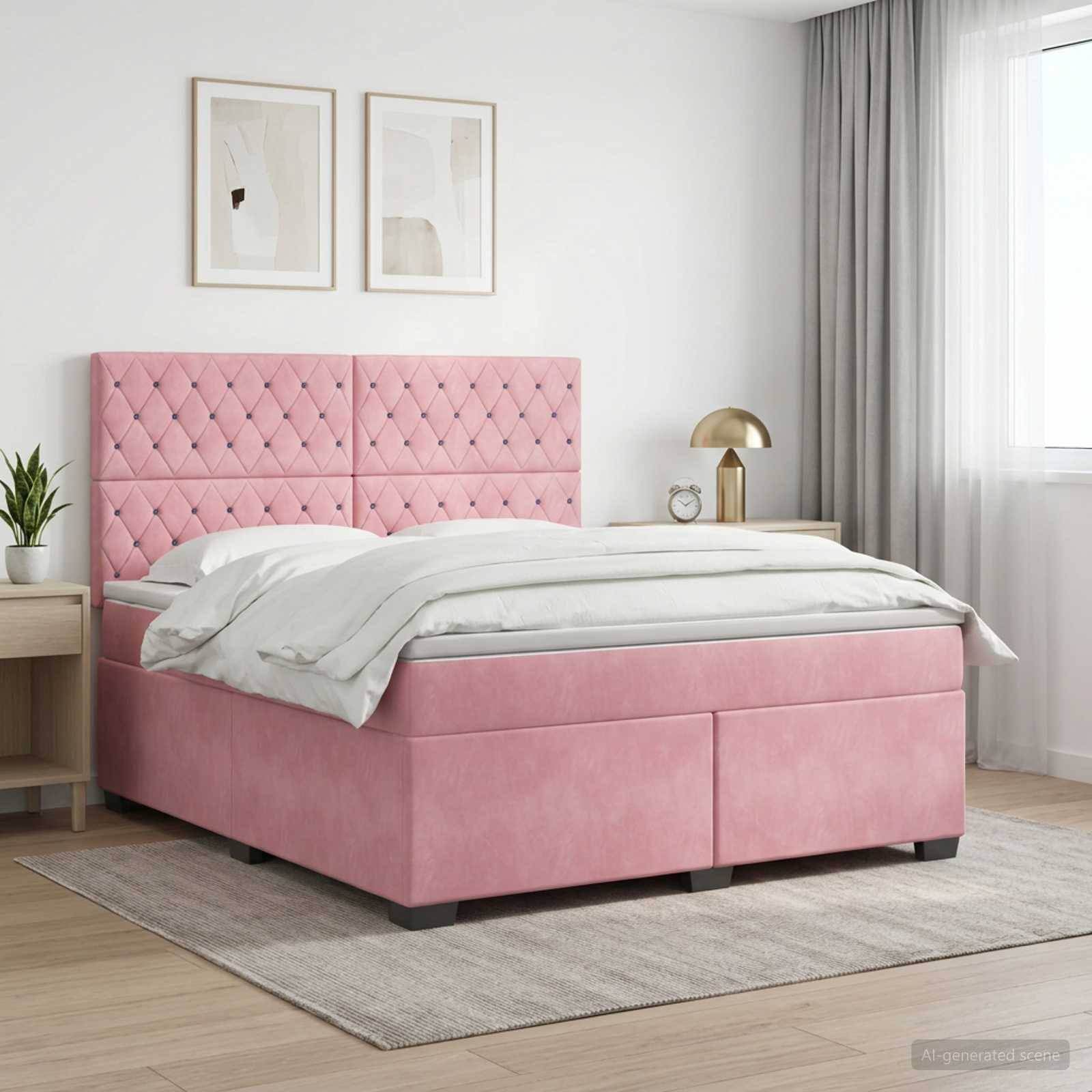 Rosa gepolstertes Bett mit gestepptem Kopfteil in einem hellen, minimalistischen Schlafzimmer, bezogen mit weißer Bettwäsche und gerahmter Wandkunst.
