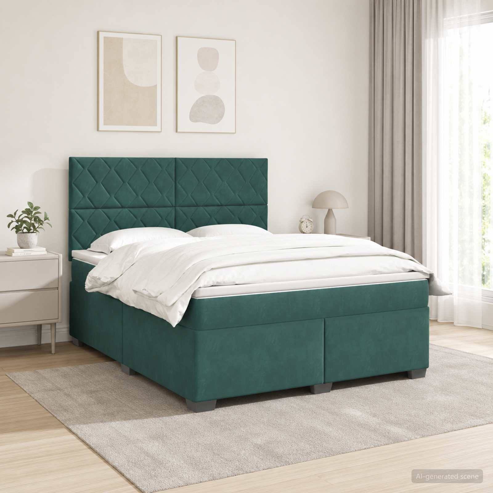 Modernes Schlafzimmer mit grünem gepolstertem Bett, weißer Bettwäsche, Nachttisch, Lampe, Wandkunst und hellem Fenster mit Vorhängen.