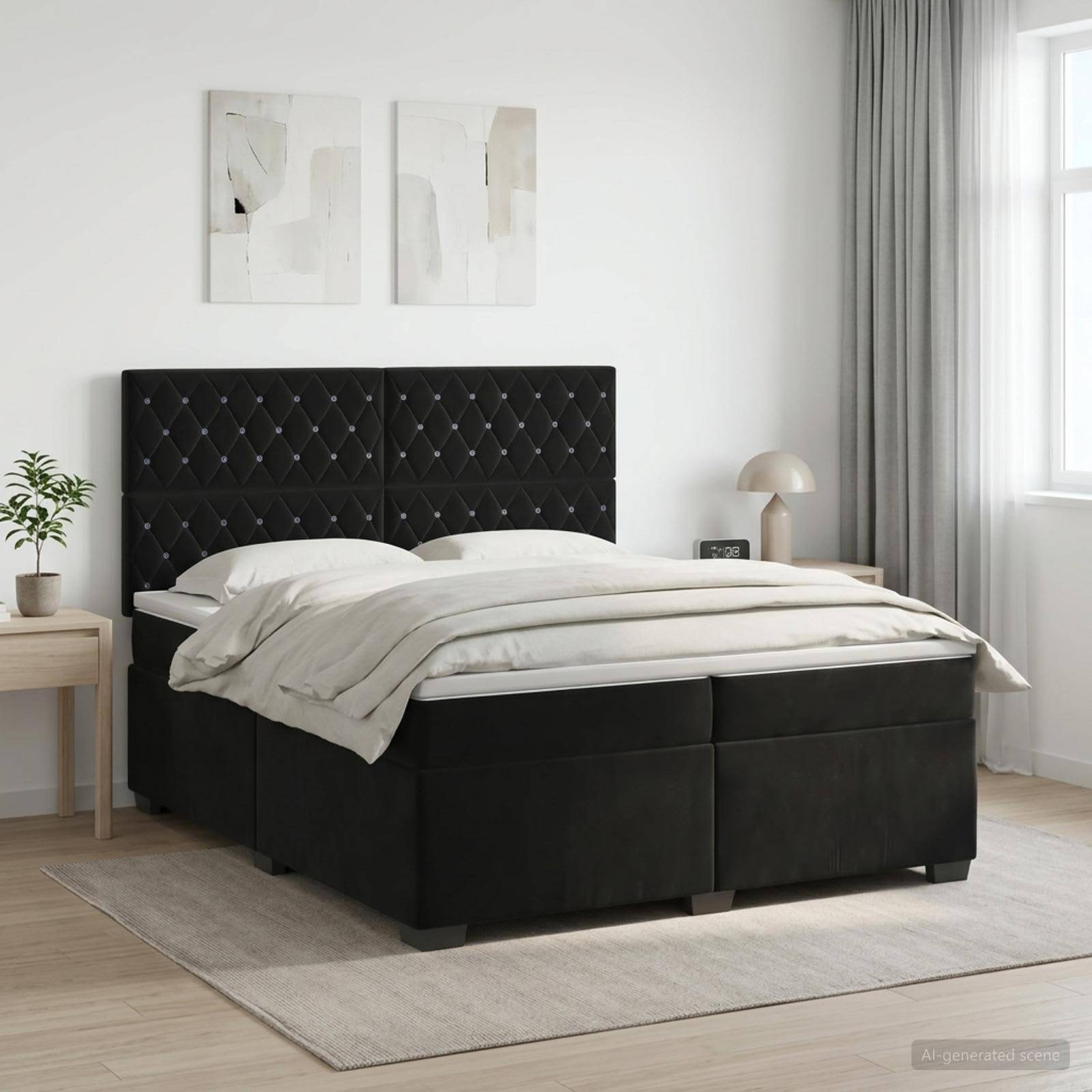 Modernes Schlafzimmer mit einem schwarzen gepolsterten Bett, weißer Bettwäsche, Nachttischen, abstrakter Wandkunst und einem Fenster mit Vorhängen.