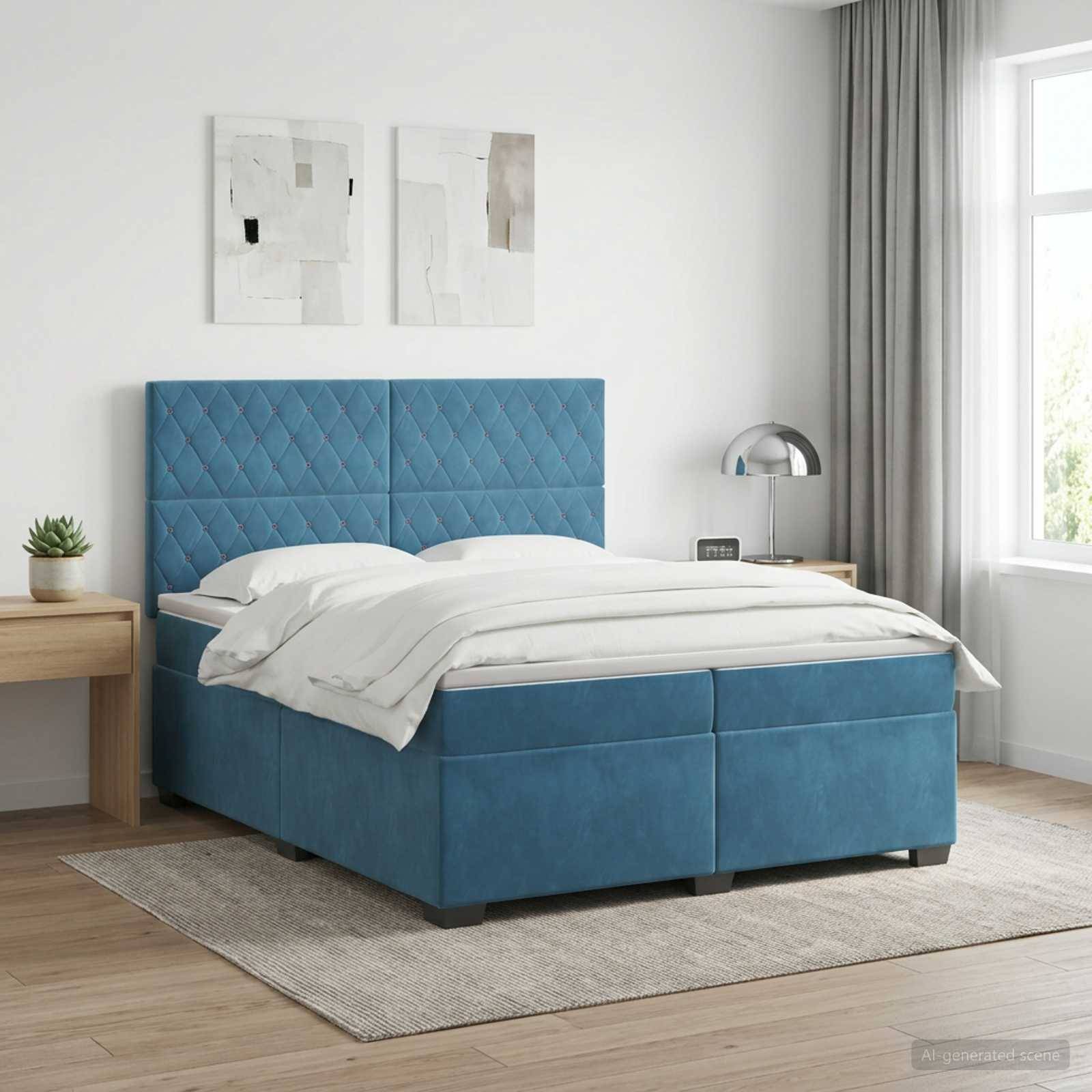 Bett mit blauem Polsterstoff und weißer Bettwäsche in einem hellen modernen Schlafzimmer, flankiert von Nachttischen, Lampe, Pflanze und Fenstervorhängen.