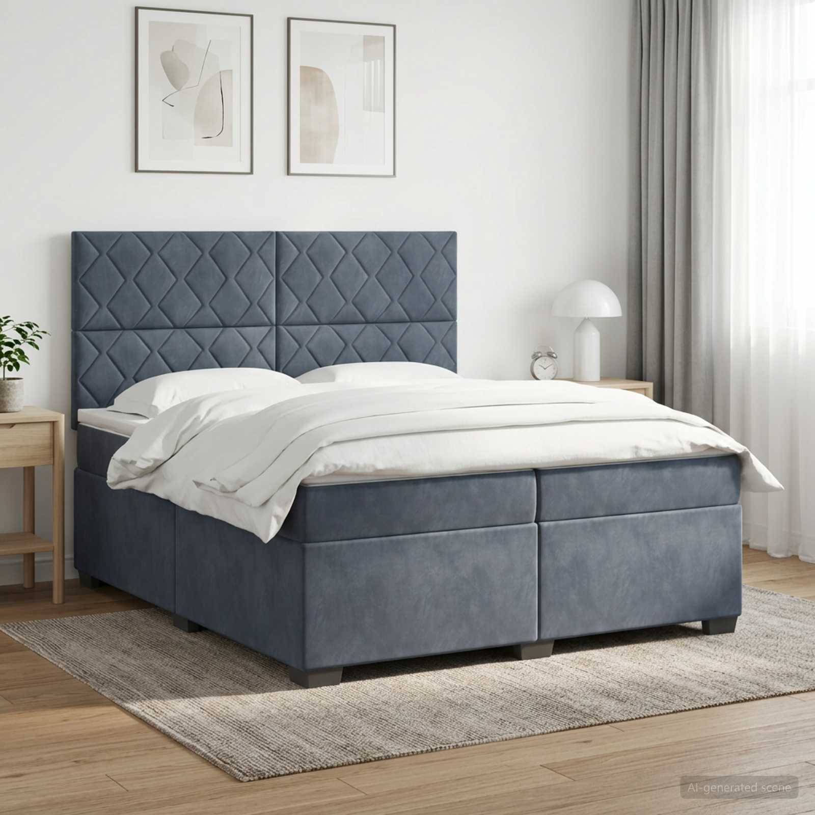 Modernes Schlafzimmer mit einem blau gepolsterten Bett, weißer Bettwäsche, Nachttischen, Wandkunst und transparenten Vorhängen in einem hellen, minimalistischen Raum.