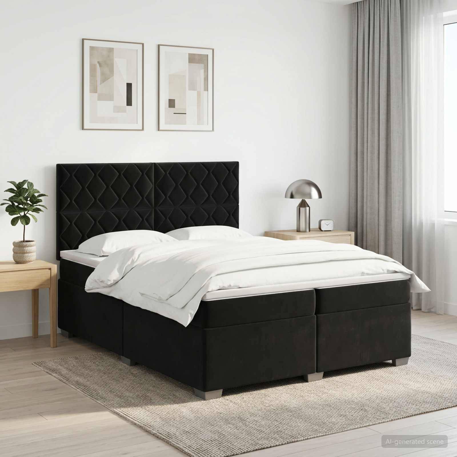 Ein ordentlich eingerichtetes Schlafzimmer mit einem schwarzen gepolsterten Bett, weißer Bettwäsche, Nachttischen, gerahmten Wandbildern, einer Pflanze und weichen grauen Vorhängen.