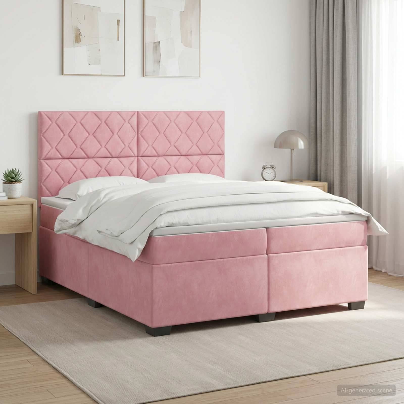 Rosa gepolstertes Bett mit gestepptem Kopfteil und weißer Bettwäsche in einem hellen, modernen Schlafzimmer, mit Nachttischen, Lampe, gerahmter Kunstwerk und Teppich.