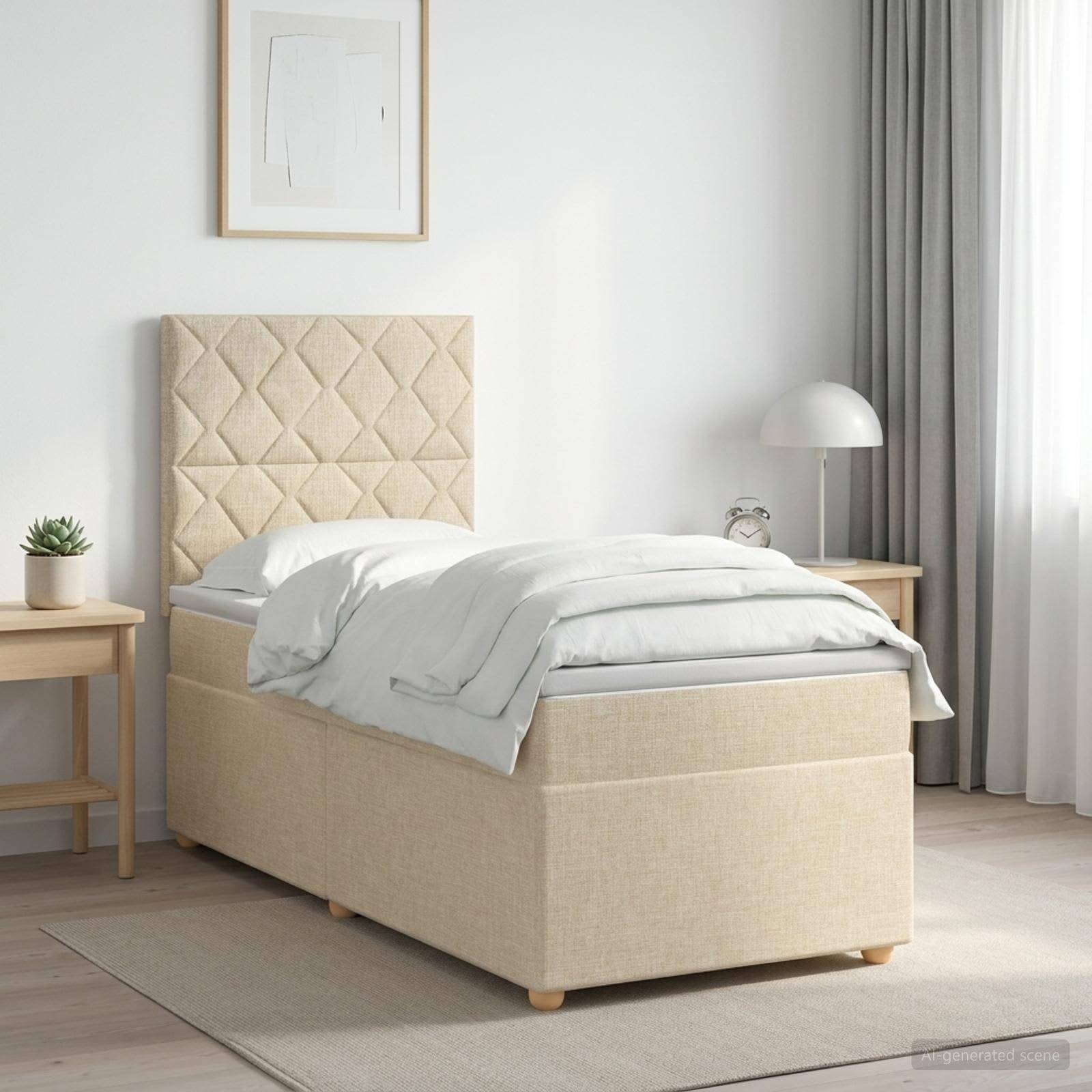 Ein beiges, gepolstertes Einzelbett mit gestepptem Kopfteil, weiße Bettwäsche und Nachttische in einem hellen, minimalistischen Schlafzimmer.
