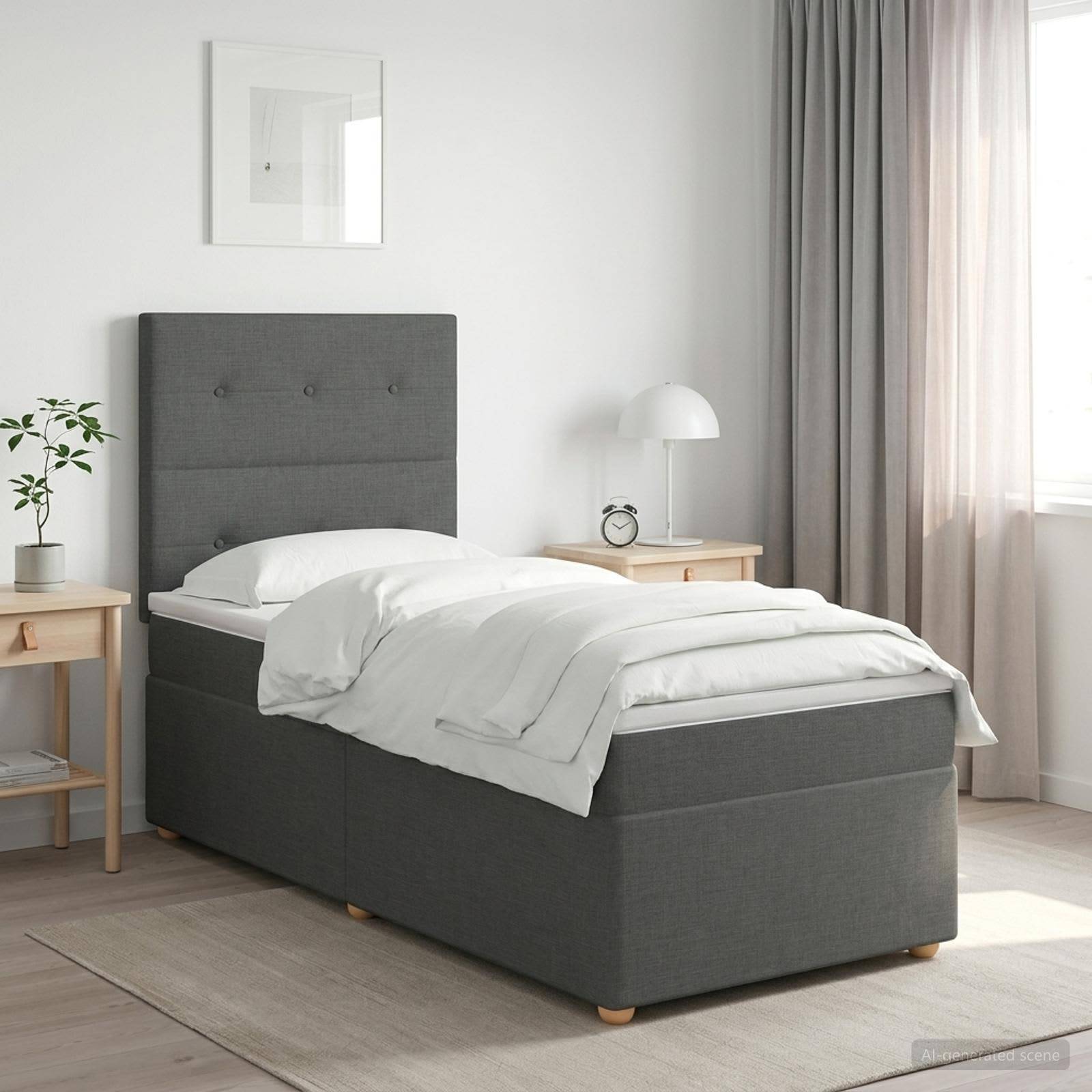 Modernes minimalistisches Schlafzimmer mit einem grau gepolsterten Einzelbett, weißer Bettwäsche, Nachttischen, Lampe, Uhr und durchscheinenden Vorhängen an einem hellen Fenster.