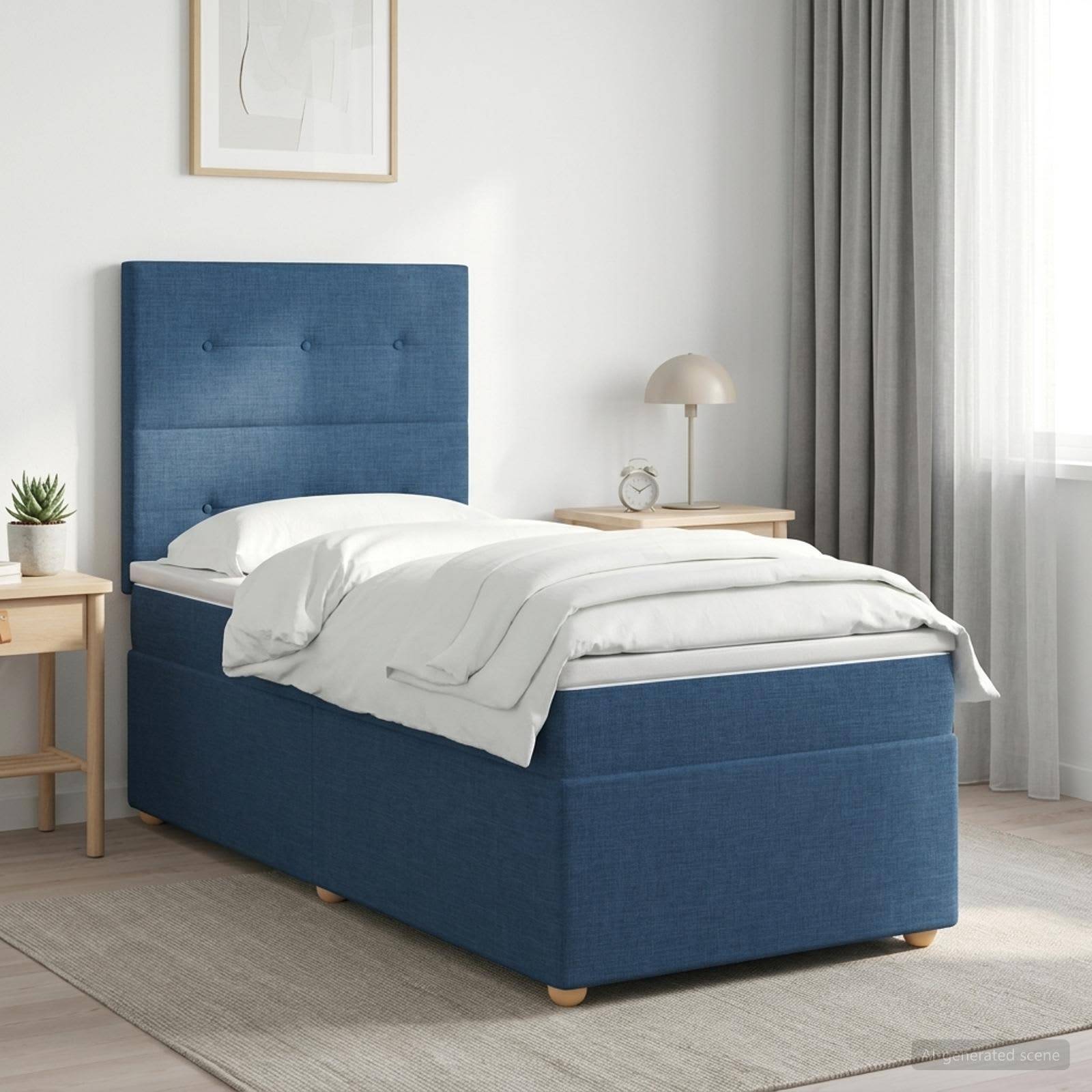 Blaues gepolstertes Einzelbett mit weißer Bettwäsche in einem hellen, minimalistischen Schlafzimmer neben Nachttischen und einem Fenster.