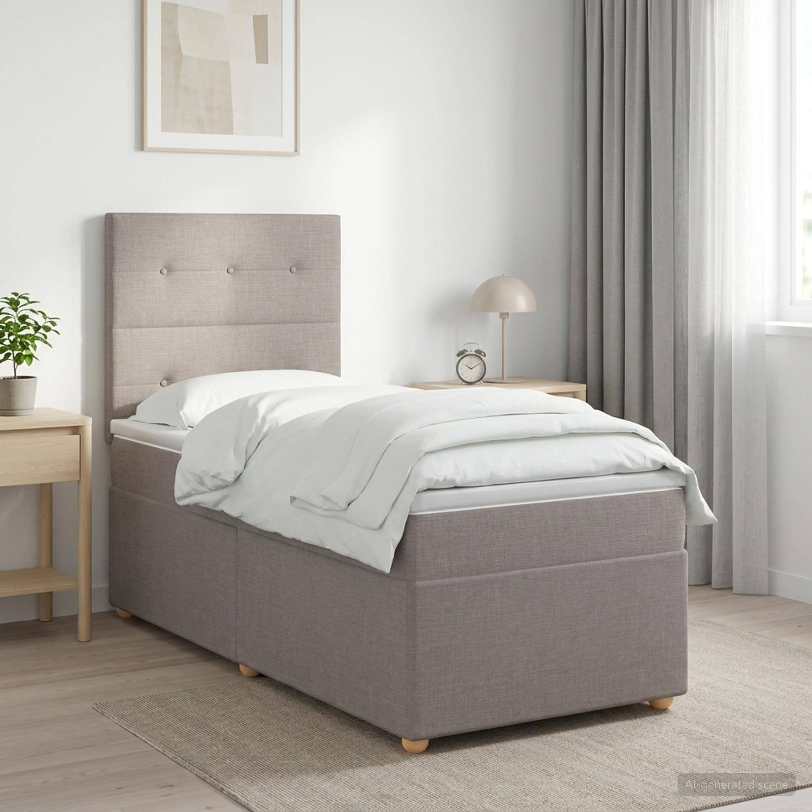 Minimales beigefarbenes Polsterbett mit weißer Bettwäsche in einem hellen, modernen Schlafzimmer neben einem Nachttisch, einer Lampe und Vorhängen.