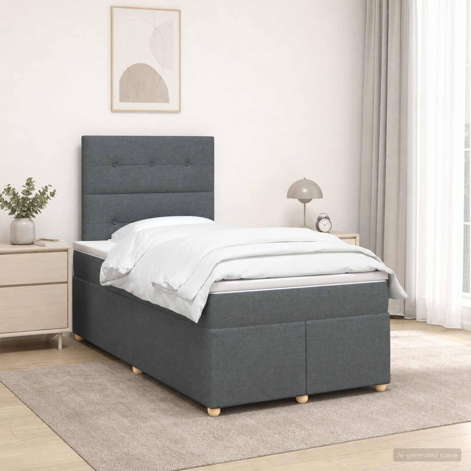 Ein ordentlich gemachtes, grau gepolstertes Einzelbett in einem hellen modernen Schlafzimmer mit Nachttischen, Lampe, Vorhang und gerahmter Wandkunst.