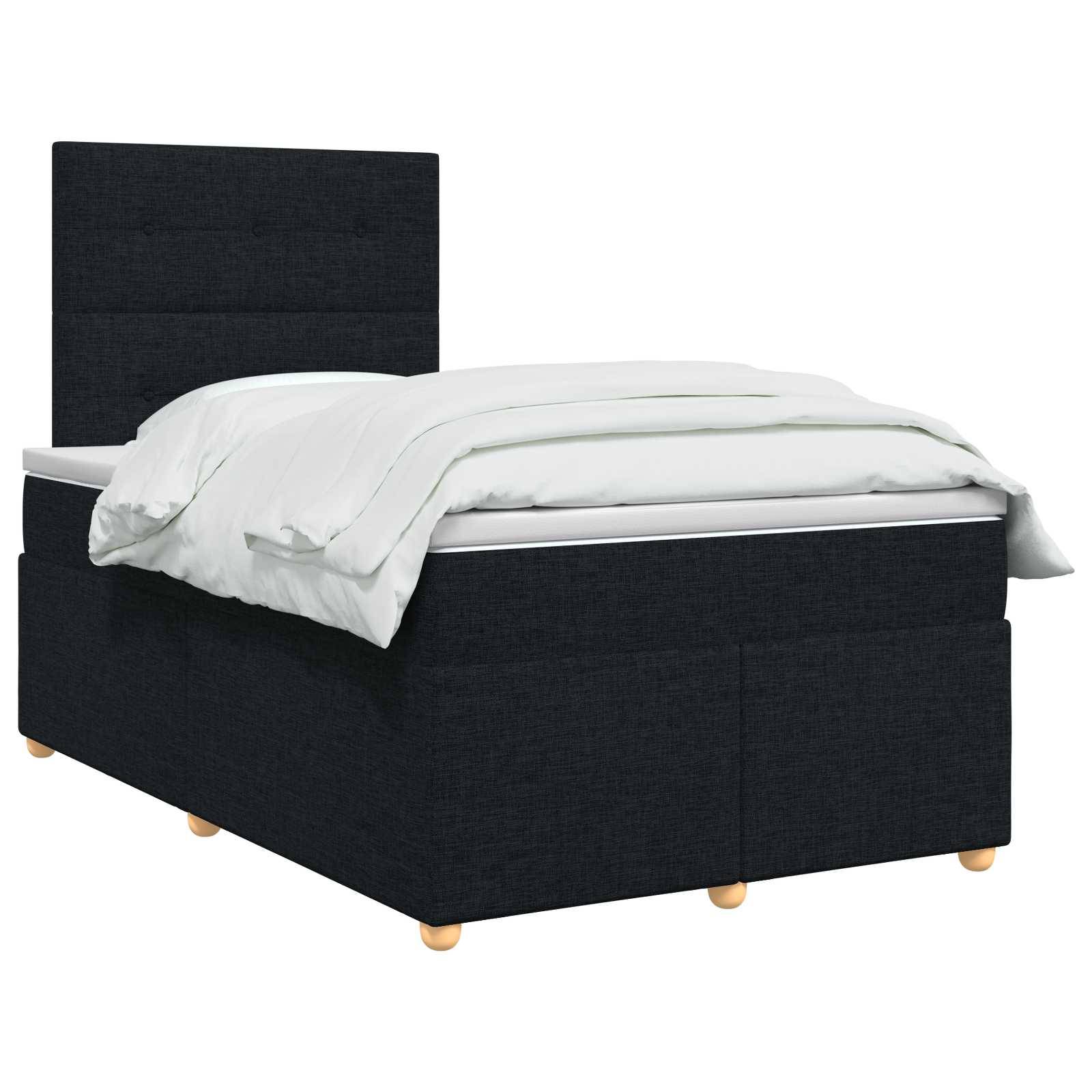 Einzelbett mit schwarzem Polsterbezug, weißer Bettwäsche und hohem Kopfteil, gezeigt auf weißem Hintergrund.