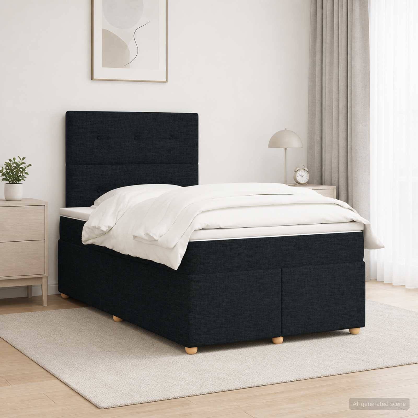 Modernes Schlafzimmer mit einem dunkel gepolsterten Einzelbett, weißer Bettwäsche, Nachttischen, Lampe, Pflanze und gerahmter Wandkunst.