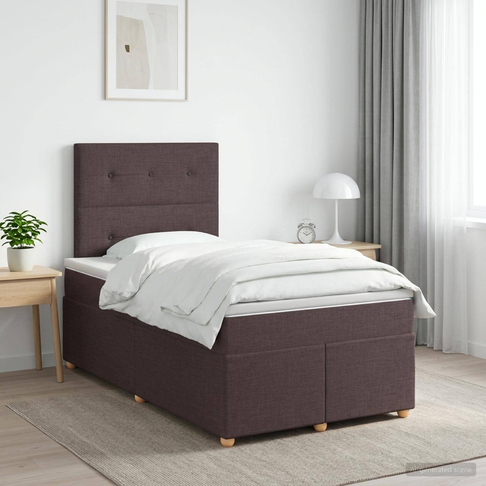 Ein ordentlich gemachtes Bett mit einem dunkel gepolsterten Kopfteil und Sockel in einem hellen modernen Schlafzimmer, mit Nachttischen, Lampe, Pflanze und Vorhängen.