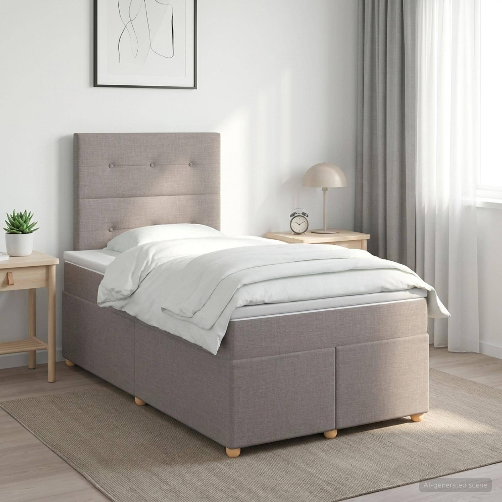Ein ordentlich gemachtes Bett mit weißer Bettwäsche in einem minimalistischen Schlafzimmer, flankiert von zwei Nachttischen, einer Lampe, einer Uhr und einer Topfpflanze.