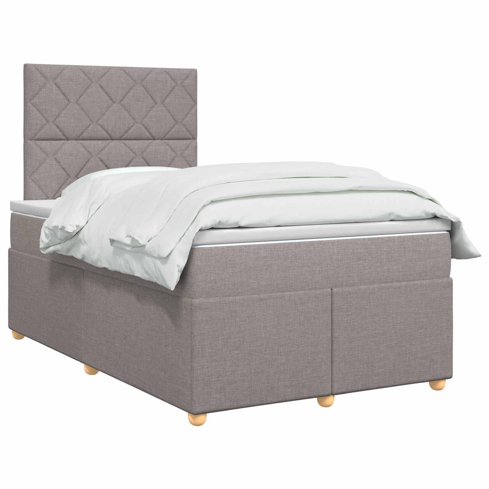 Einzelbett mit grauem Polsterstoff, gepolstertes Kopfteil mit Rautenmuster und weiße Bettwäsche auf weißem Hintergrund.