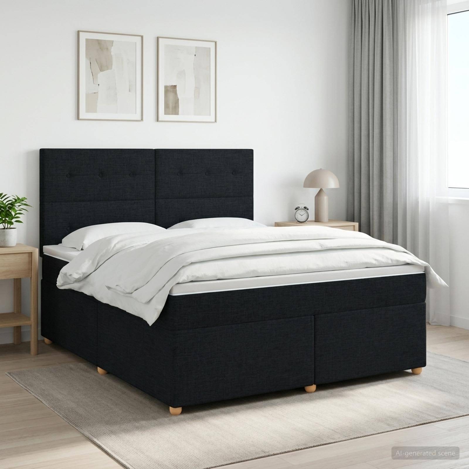 Schwarzes gepolstertes Bett mit weißer Bettwäsche in einem hellen, minimalistischen Schlafzimmer mit Wandkunst in Rahmen, Nachttischen, Lampe und Teppich.