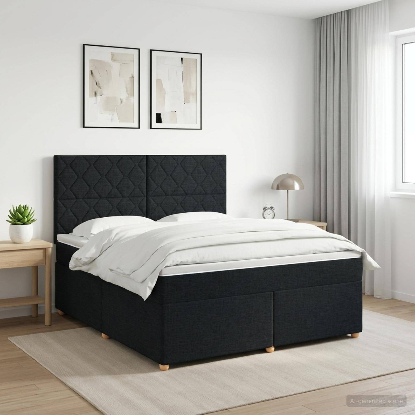 Modernes Schlafzimmer mit einem schwarz gepolsterten Bett, weißer Bettwäsche, zwei gerahmten Drucken, Nachttischen, Lampe, Pflanze und transparenten Vorhängen an einem hellen Fenster.